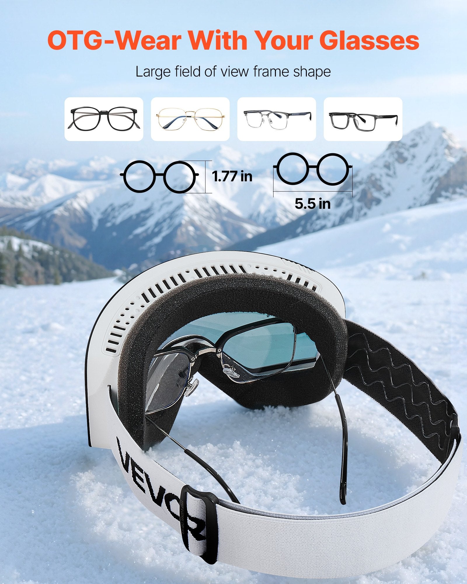 VEVOR Frameless Ski Goggles, Magnet Cylindrical Lens with Pink Revo Coating, OTG Anti fog Snow Goggles for Men Women Youth, TPU Frame & Ventilation Structure, Fit for Skiing, Skating, Snowboarding