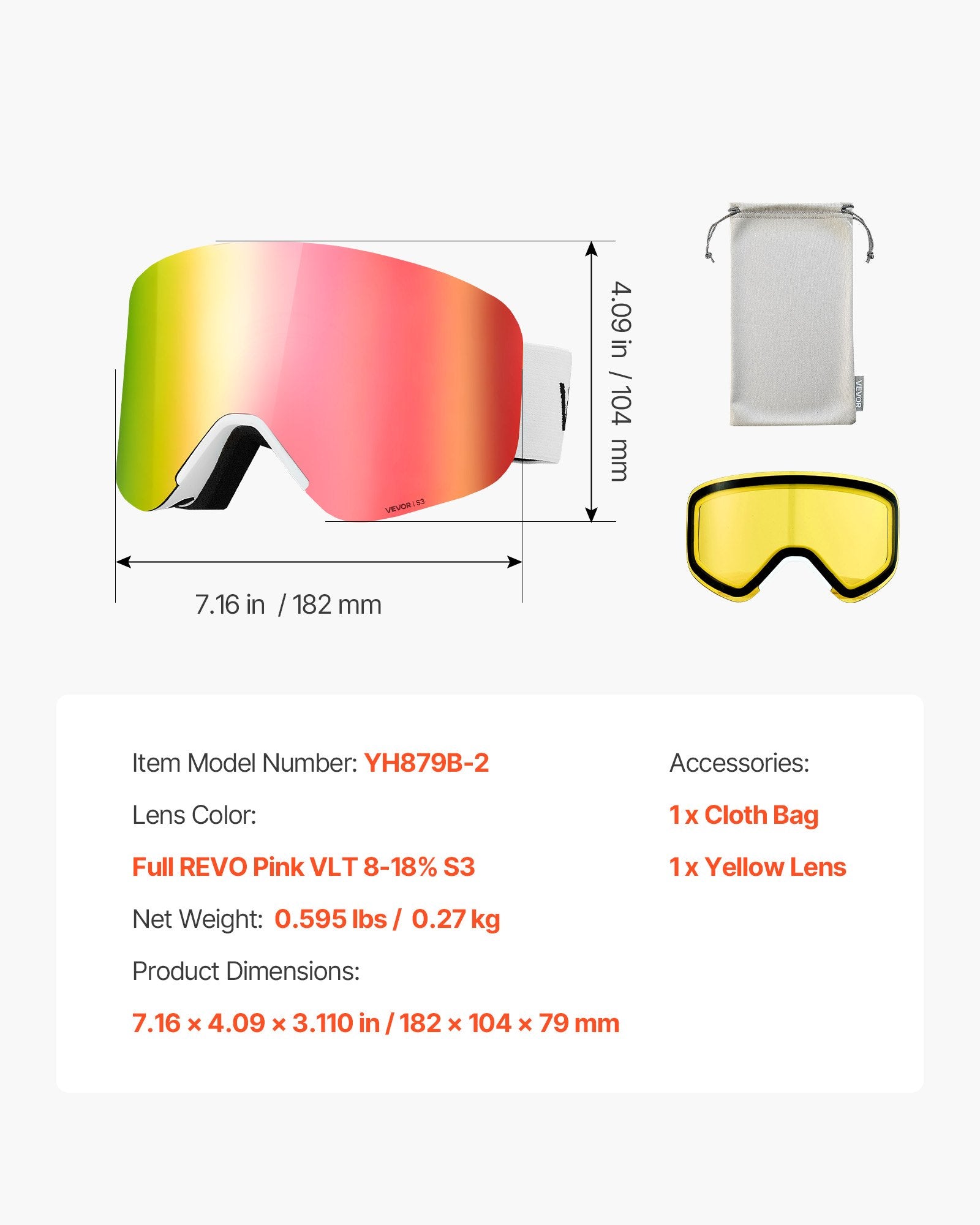 VEVOR Frameless Ski Goggles, Magnet Cylindrical Lens with Pink Revo Coating, OTG Anti fog Snow Goggles for Men Women Youth, TPU Frame & Ventilation Structure, Fit for Skiing, Skating, Snowboarding
