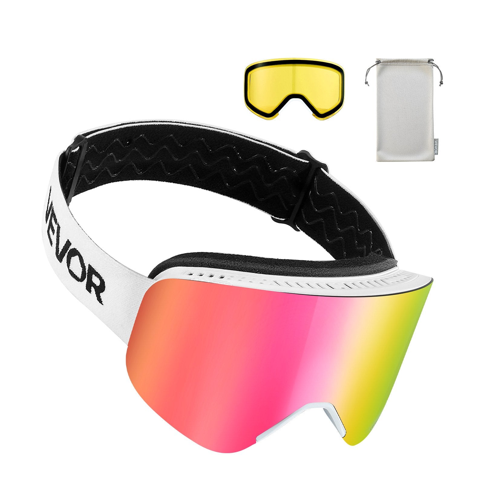 VEVOR Frameless Ski Goggles, Magnet Cylindrical Lens with Pink Revo Coating, OTG Anti fog Snow Goggles for Men Women Youth, TPU Frame & Ventilation Structure, Fit for Skiing, Skating, Snowboarding