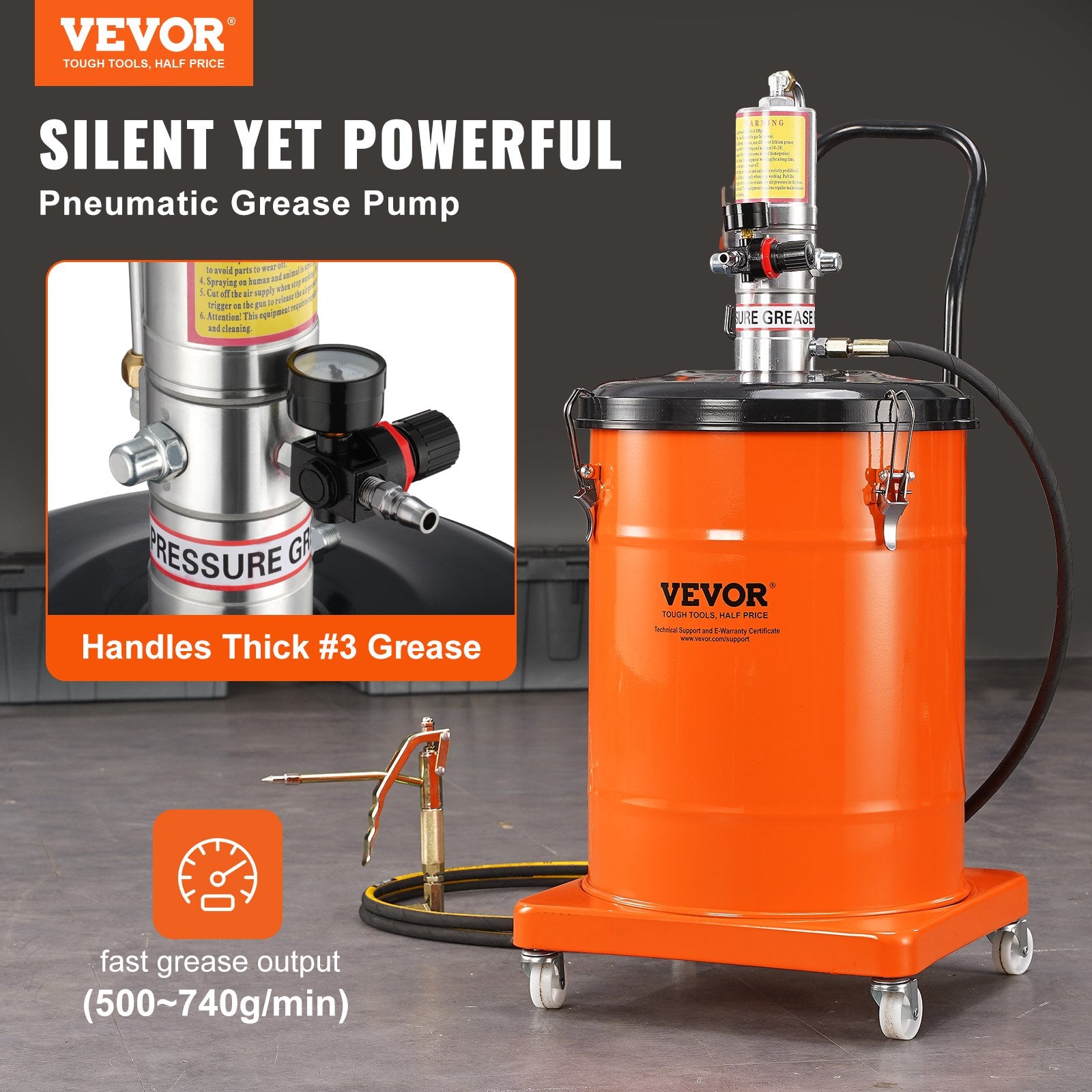 VEVOR Grease Pump, 40L Capacity, Air Operated Grease Pump with 3.88 m High Pressure Hose and Grease Gun, Pneumatic Grease Bucket Pump with Wheels, Portable Lubrication Grease Pump 50:1 Pressure Ratio