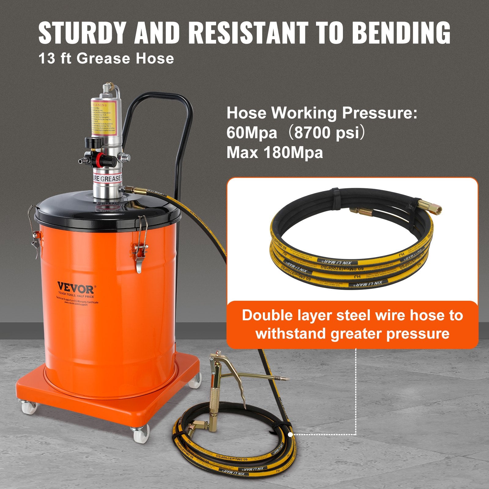 VEVOR Grease Pump, 40L Capacity, Air Operated Grease Pump with 3.88 m High Pressure Hose and Grease Gun, Pneumatic Grease Bucket Pump with Wheels, Portable Lubrication Grease Pump 50:1 Pressure Ratio