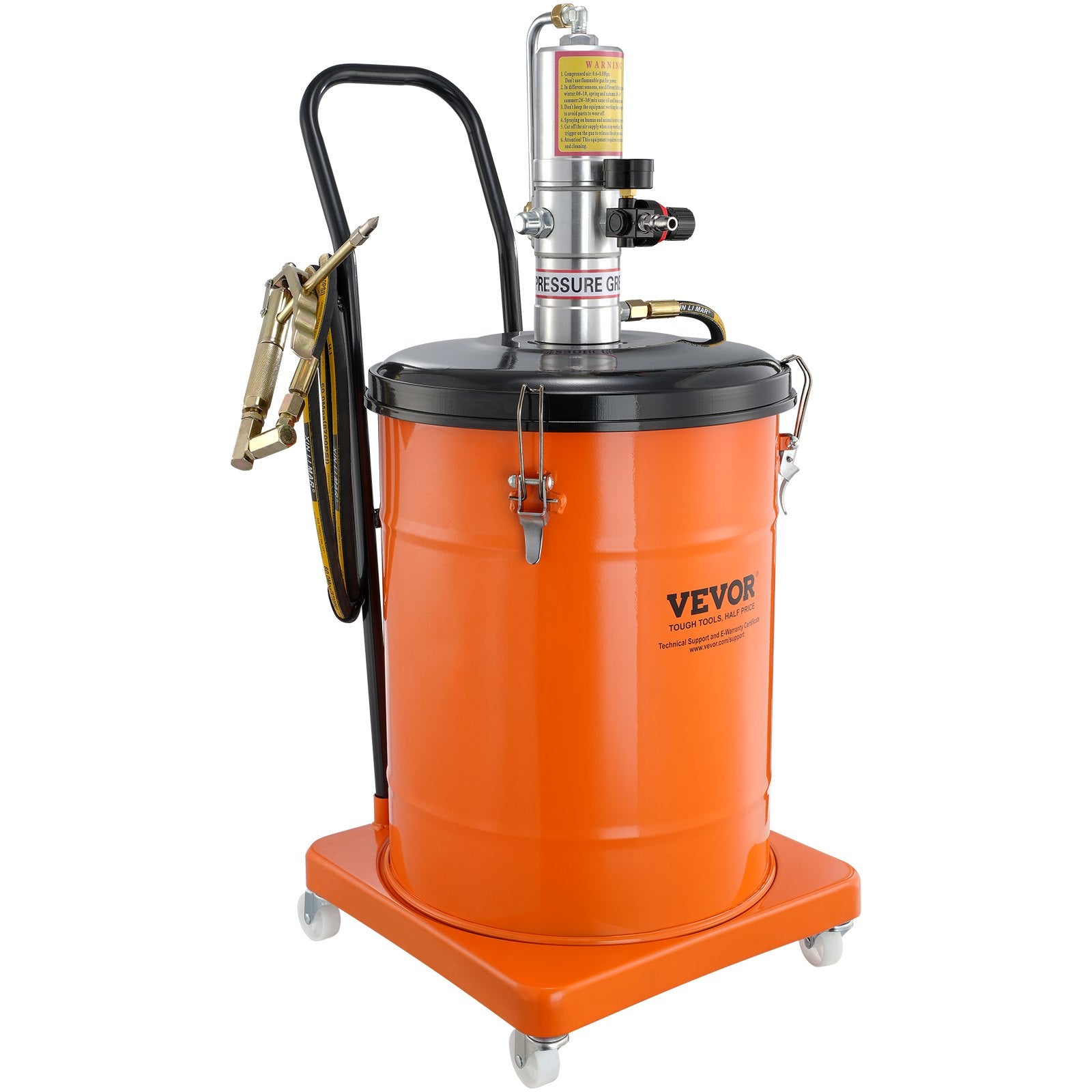 VEVOR Grease Pump, 40L Capacity, Air Operated Grease Pump with 3.88 m High Pressure Hose and Grease Gun, Pneumatic Grease Bucket Pump with Wheels, Portable Lubrication Grease Pump 50:1 Pressure Ratio