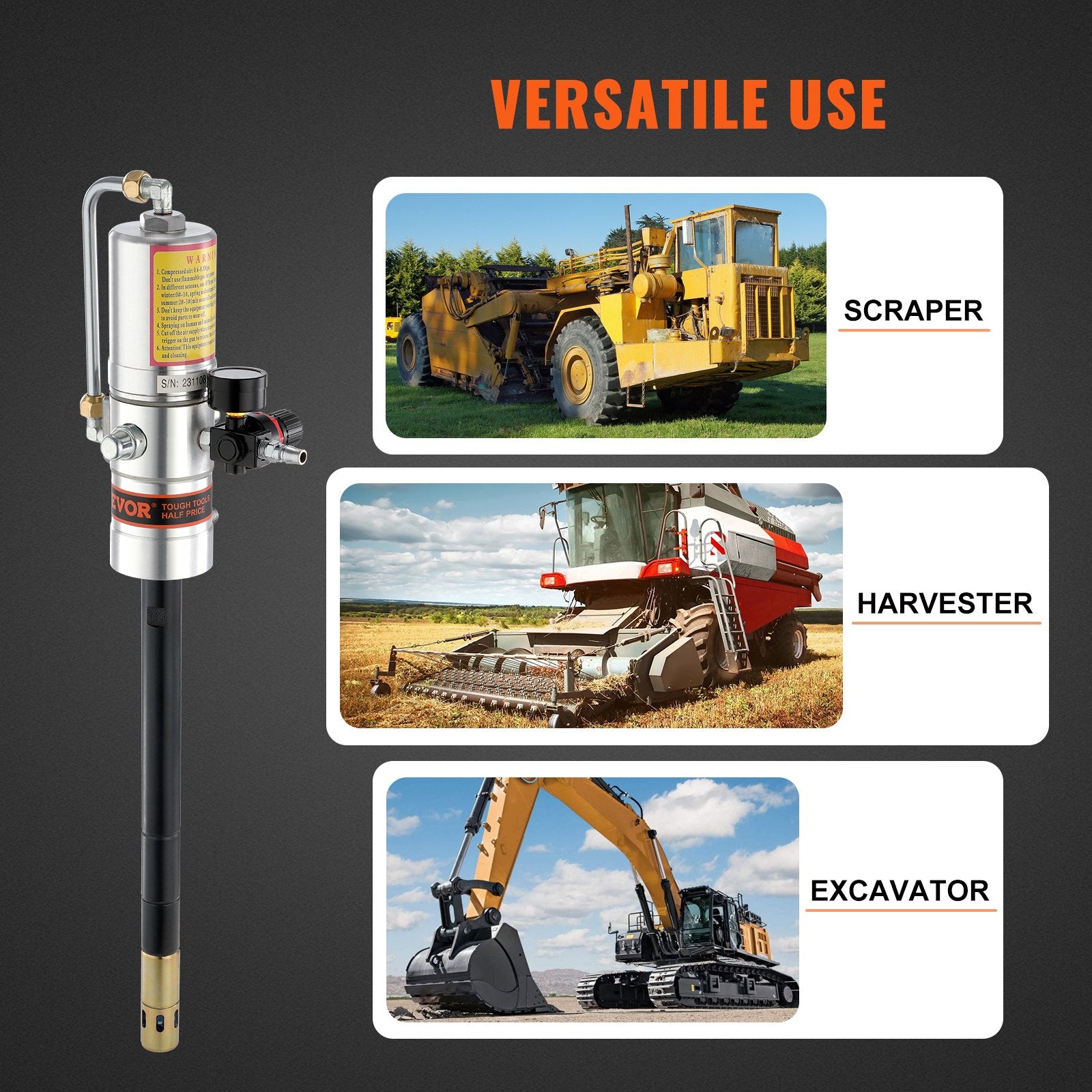 VEVOR Grease Pump, 50:1 Pressure Ratio Air Operated Grease Pump with 3.88 m High Pressure Hose and Grease Gun, Pneumatic Grease Pump, Portable Lubrication Grease Pump with 360° Swivel Grease Gun Head