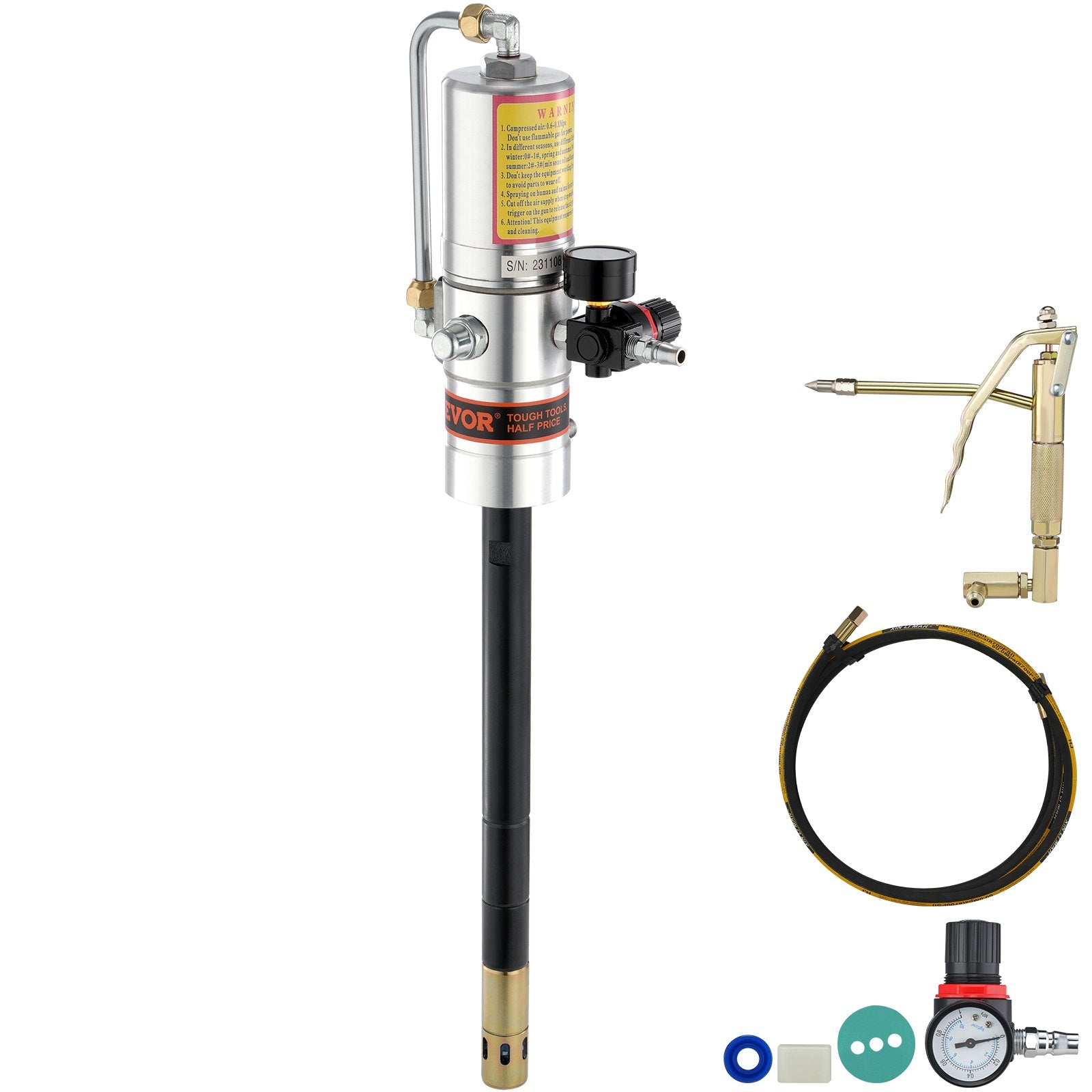 VEVOR Grease Pump, 50:1 Pressure Ratio Air Operated Grease Pump with 3.88 m High Pressure Hose and Grease Gun, Pneumatic Grease Pump, Portable Lubrication Grease Pump with 360° Swivel Grease Gun Head