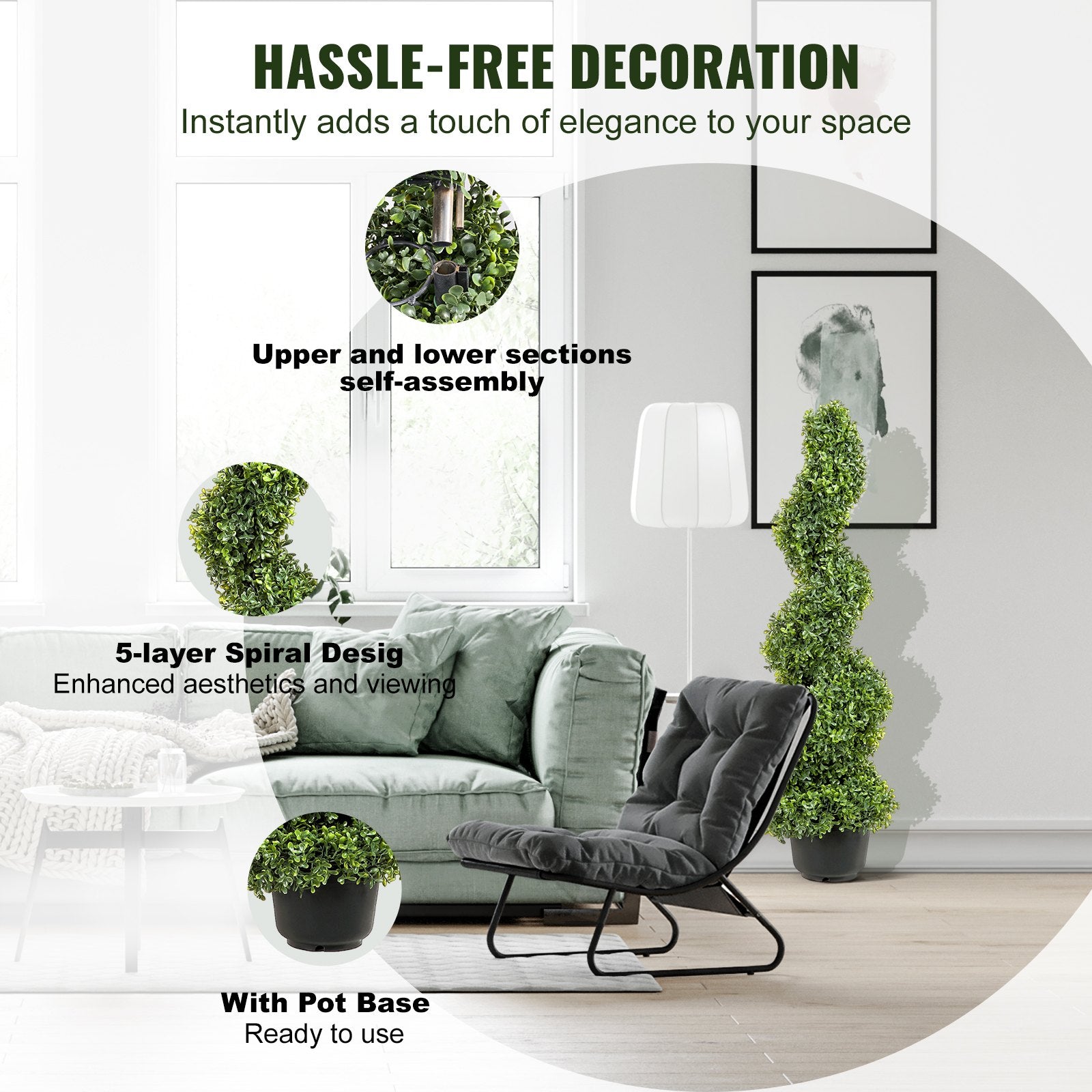 VEVOR Artificial Topiaries Boxwood Trees, 7.6cm Tall 2 Pieces Faux Topiary Plant Outdoor, All-year Green Feaux Plant w/ Replaceable Leaves for Decorative Indoor/Outdoor/Garden