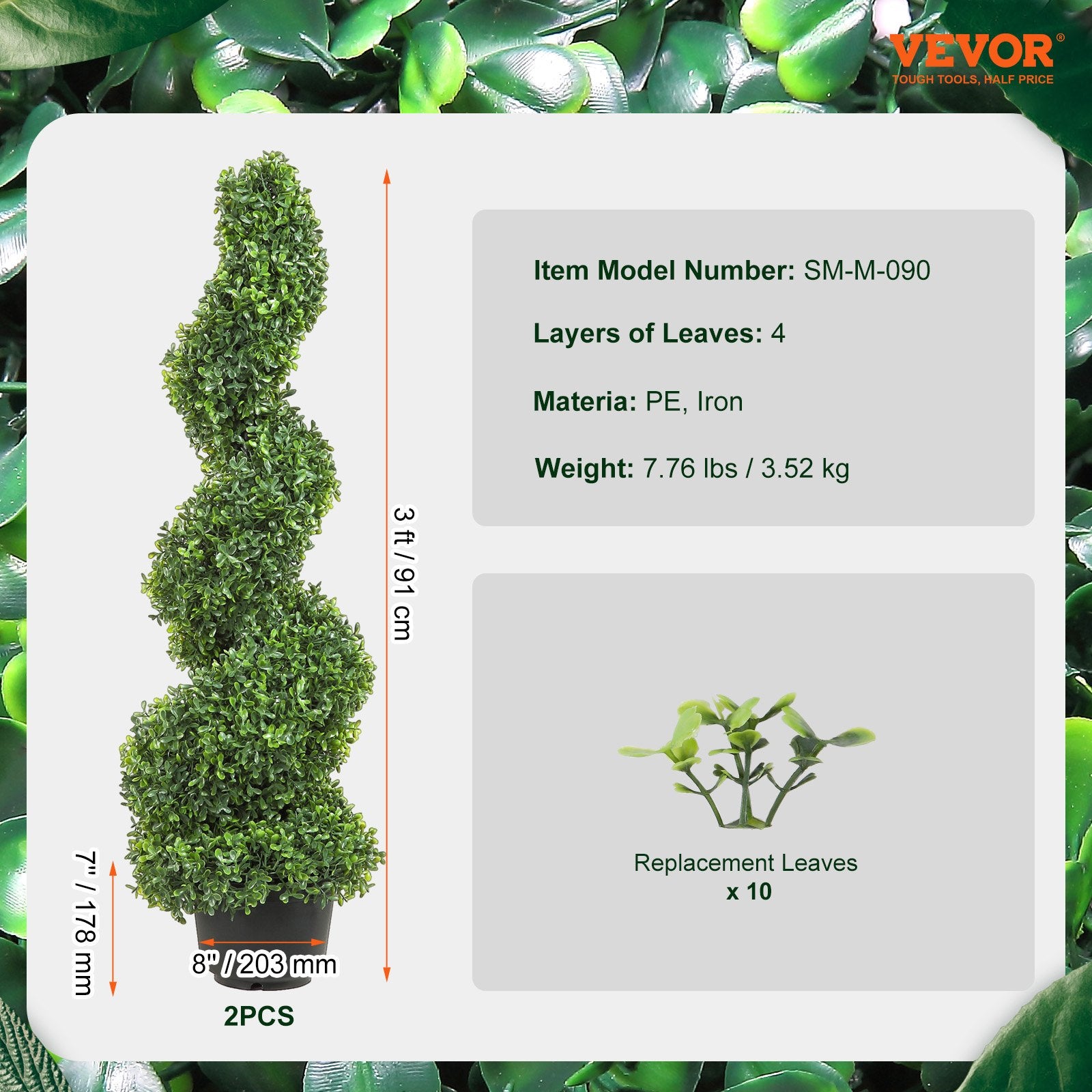 VEVOR Artificial Topiaries Boxwood Trees, 7.6cm Tall 2 Pieces Faux Topiary Plant Outdoor, All-year Green Feaux Plant w/ Replaceable Leaves for Decorative Indoor/Outdoor/Garden