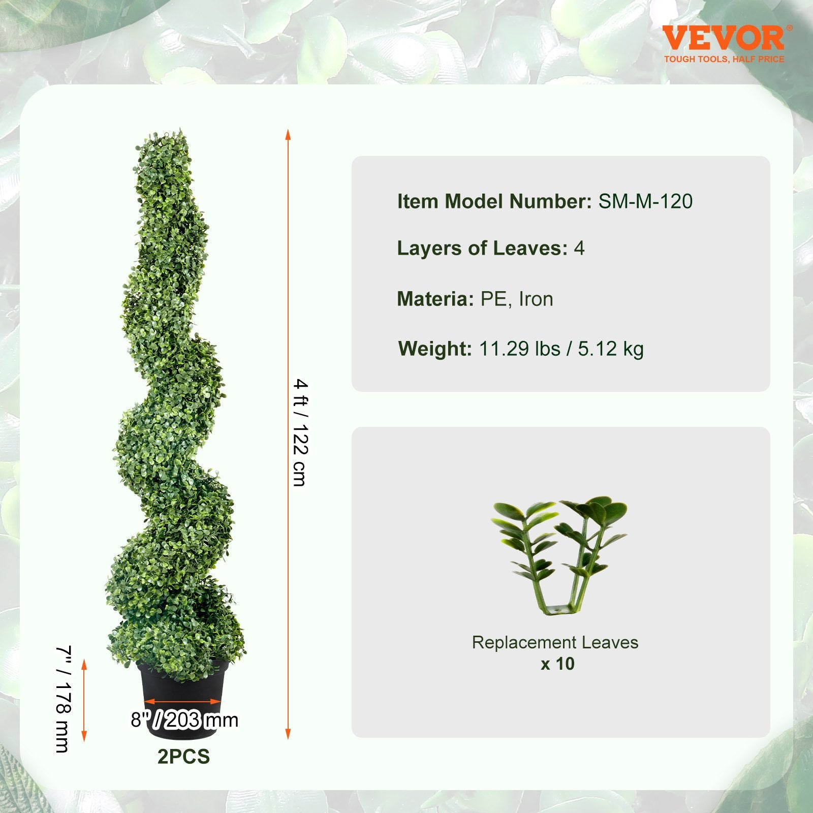 VEVOR Artificial Topiaries Boxwood Trees, 10cm Tall 2 Pieces Faux Topiary Plant Outdoor, All-year Green Feaux Plant w/ Replaceable Leaves for Decorative Indoor/Outdoor/Garden
