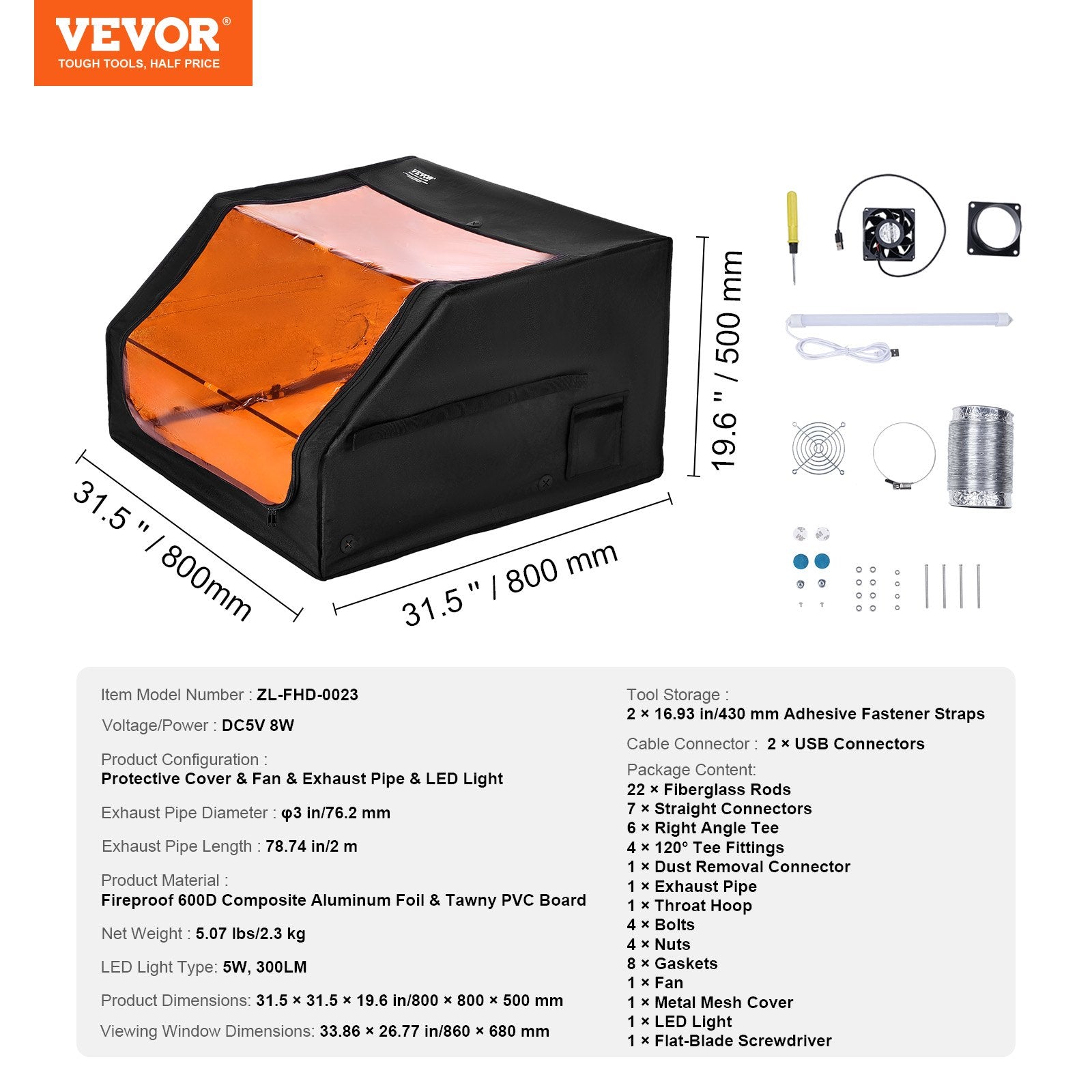 VEVOR Laser Engraver Enclosure, 800 x 800 x 500 mm, Flame Retardant and Fireproof Protective Cover, with Exhaust Fan and Pipe, Insulates Smoke, Noise and Eye Protection, Fits for Most Laser Engraver