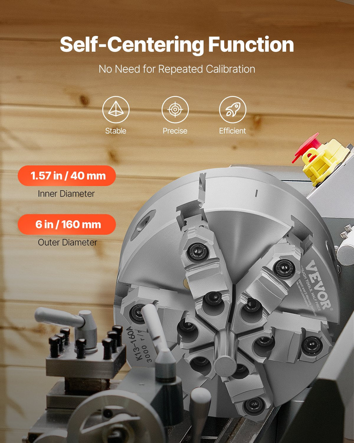 VEVOR 6-Jaw Lathe Chuck, 6 Inch 160 mm , Self-Centering Chuck with D1-4 Cam Lock Backing Plate, 0.12-5.71 in 3-145 mm Clamping Range with T-wrench Screws, HT300 Material, for Wood Metal Lathe