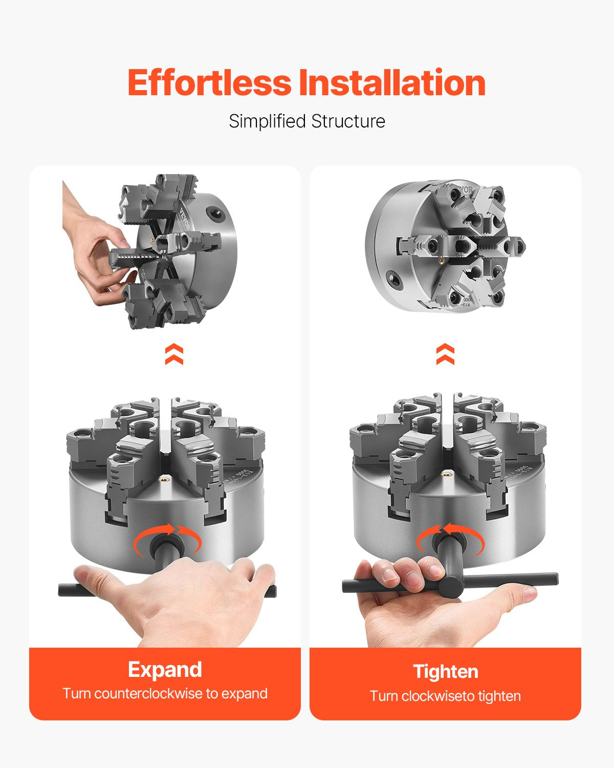 VEVOR 6-Jaw Lathe Chuck, 6 Inch 160 mm , Self-Centering Chuck with D1-4 Cam Lock Backing Plate, 0.12-5.71 in 3-145 mm Clamping Range with T-wrench Screws, HT300 Material, for Wood Metal Lathe