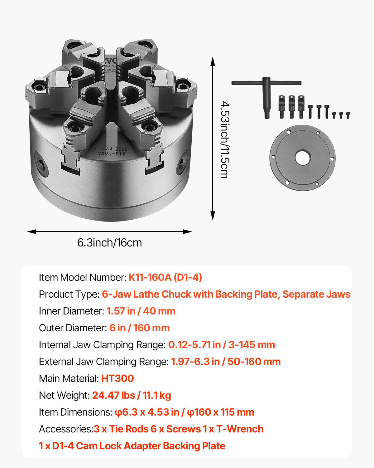 VEVOR 6-Jaw Lathe Chuck, 6 Inch 160 mm , Self-Centering Chuck with D1-4 Cam Lock Backing Plate, 0.12-5.71 in 3-145 mm Clamping Range with T-wrench Screws, HT300 Material, for Wood Metal Lathe