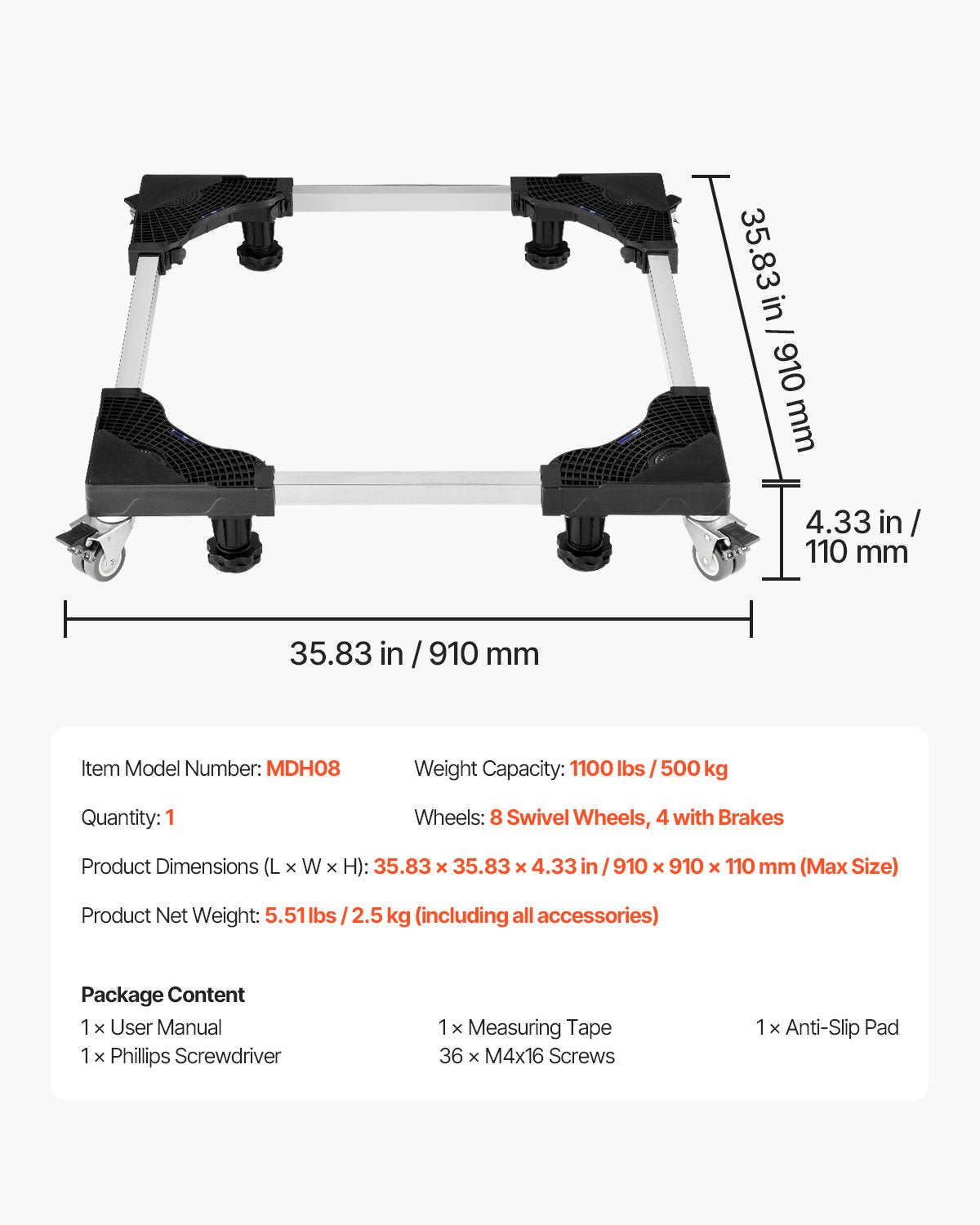 VEVOR Fridge Stand Mobile Base, 1100 lbs Load Capacity, Washing Machine Stand with 8 Locking Twin Wheels and 4 Brakes, 27.5 -35.4 Inches Adjustable Furniture Dolly for Washer, Refrigerator and Dryer