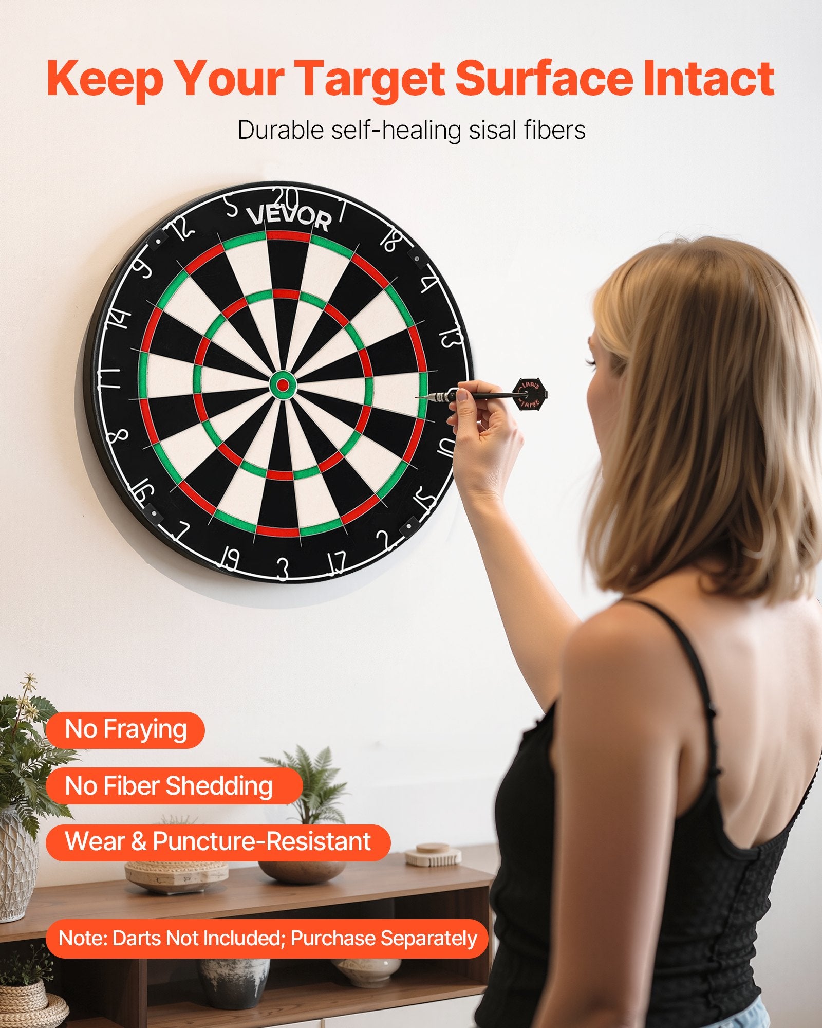 VEVOR Dart Board, High-Grade Self-Healing Sisal Fiber Dartboard with Staple-Free Bullseye, Blade Wire & Rotating Number Ring, 450mm Professional Dartboard for Home Party Game Room Darts Not Included