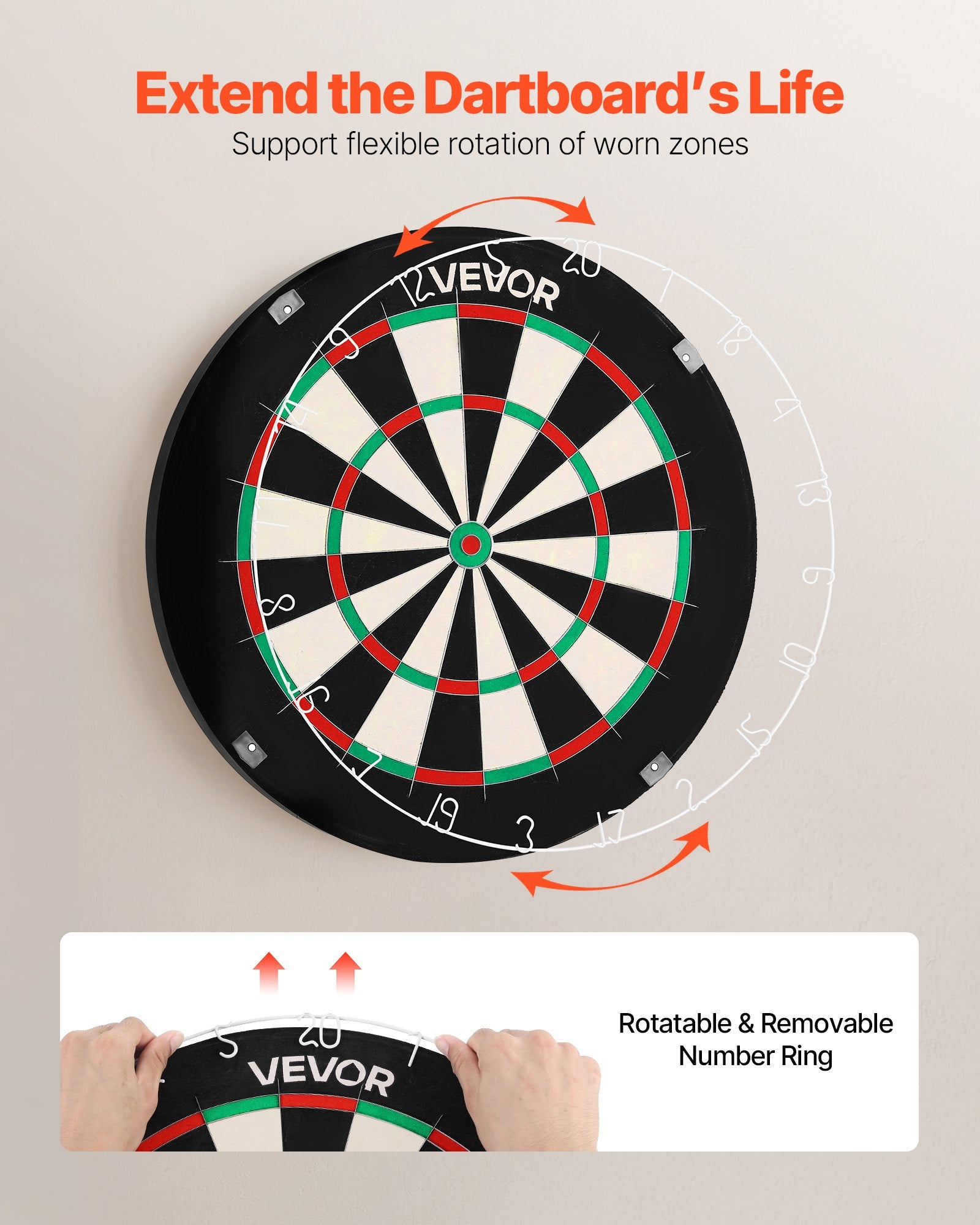 VEVOR Dart Board, High-Grade Self-Healing Sisal Fiber Dartboard with Staple-Free Bullseye, Blade Wire & Rotating Number Ring, 450mm Professional Dartboard for Home Party Game Room Darts Not Included