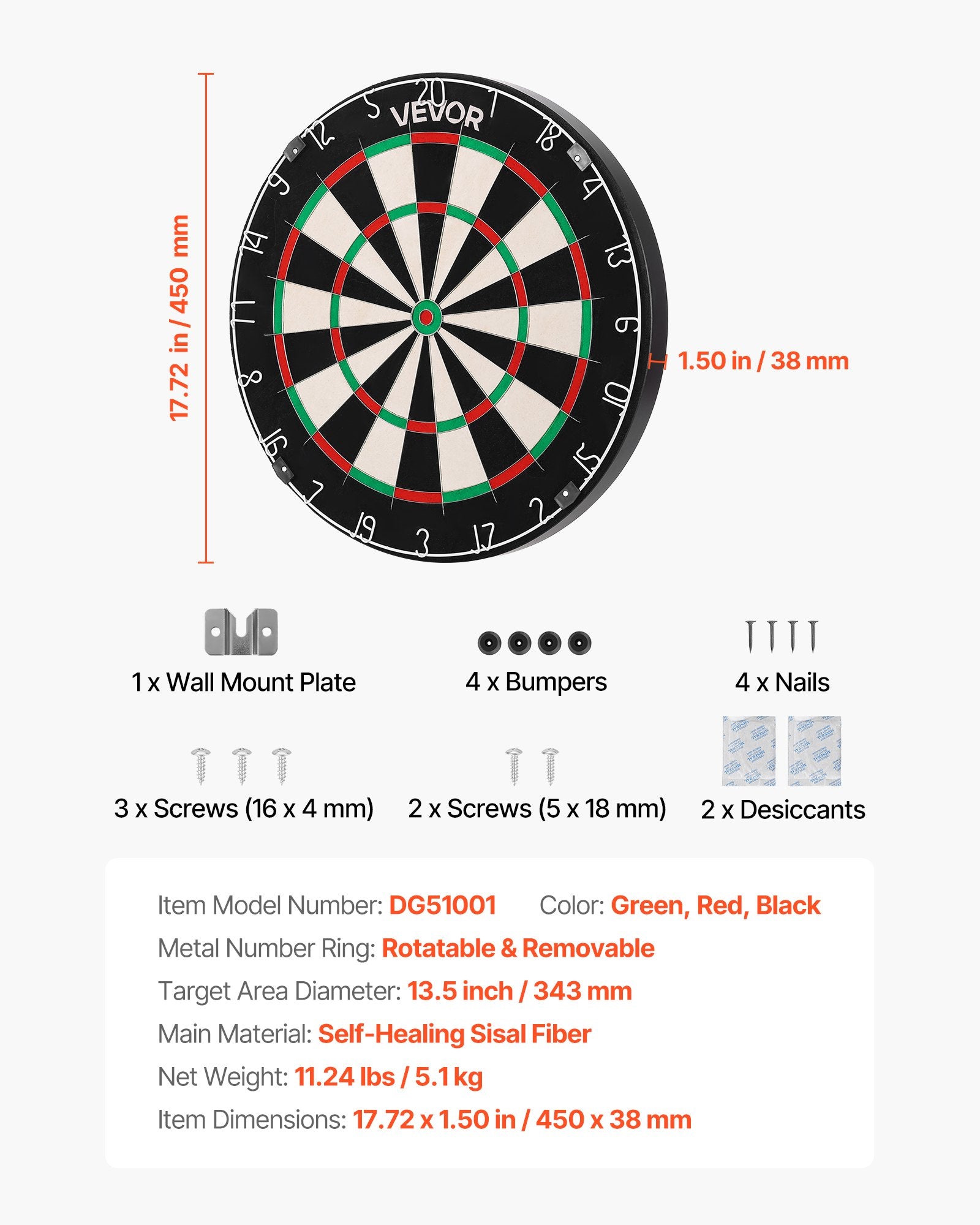 VEVOR Dart Board, High-Grade Self-Healing Sisal Fiber Dartboard with Staple-Free Bullseye, Blade Wire & Rotating Number Ring, 450mm Professional Dartboard for Home Party Game Room Darts Not Included