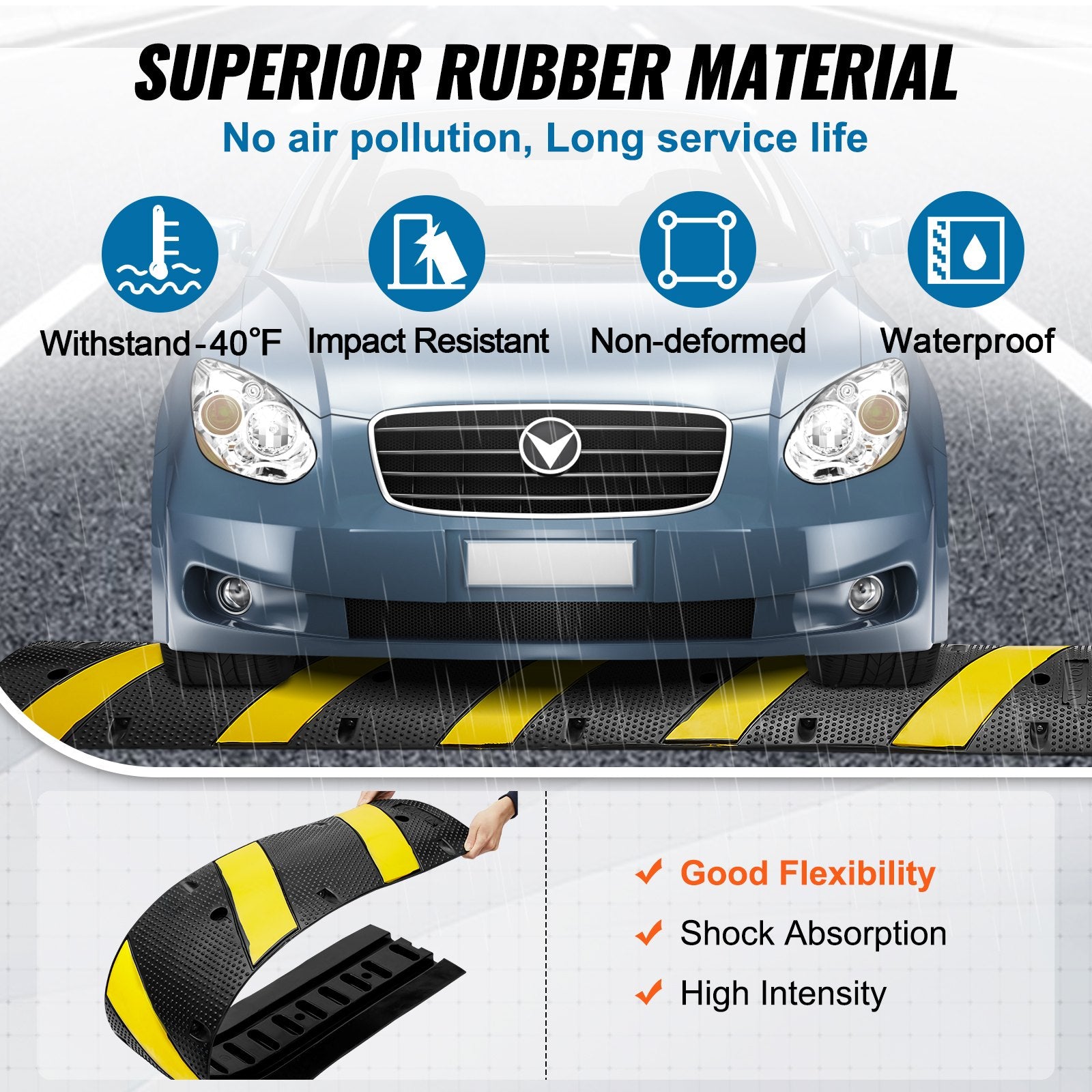 VEVOR 6 ft Rubber Speed Hump, 2 Channel, 10000 kg/axle Load Capacity Heavy Duty Traffic Speed Bump, with High Reflective Yellow Strip 4 Expansion Screws and 1 Drill, for Asphalt Concrete Gravel Roads