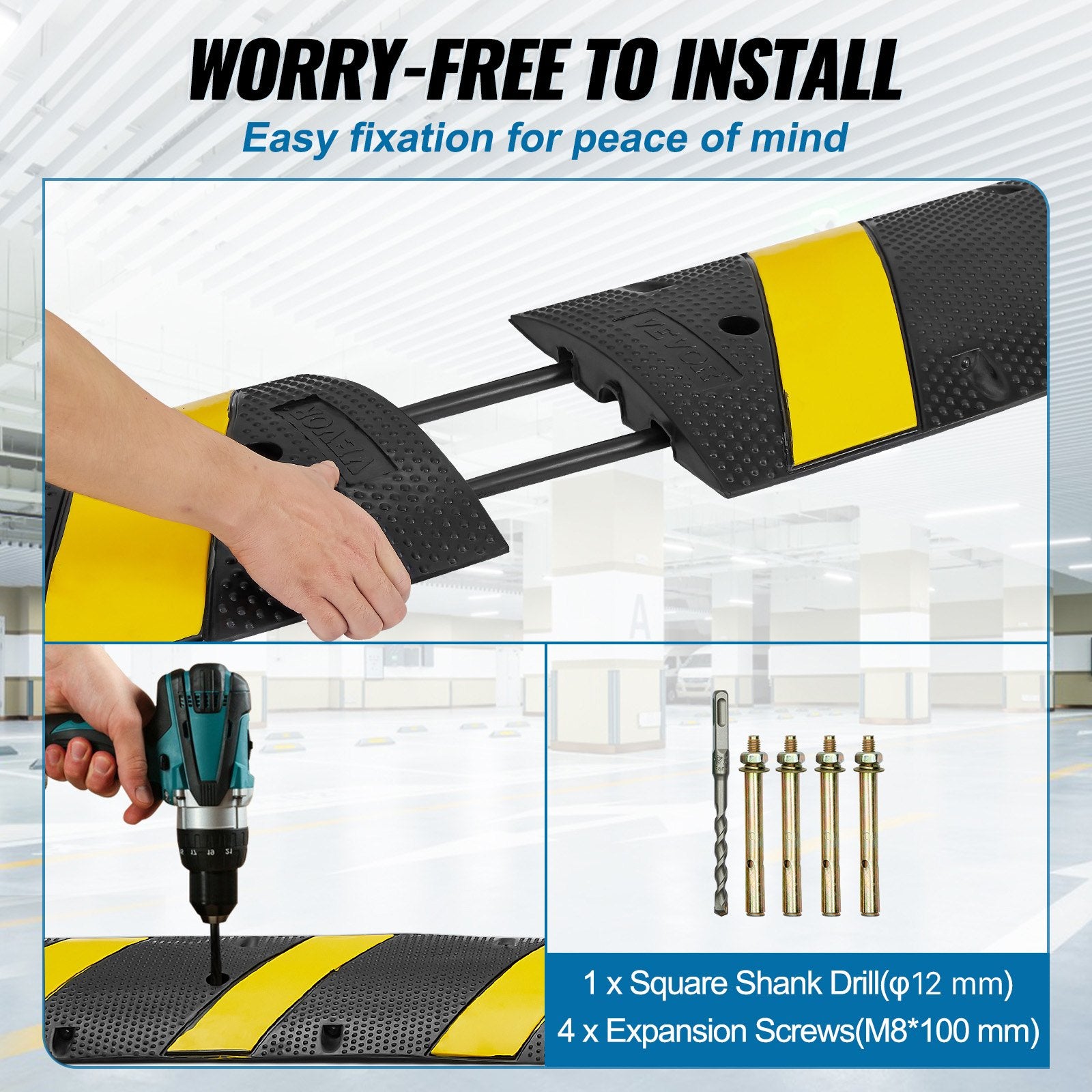 VEVOR 6 ft Rubber Speed Hump, 2 Channel, 10000 kg/axle Load Capacity Heavy Duty Traffic Speed Bump, with High Reflective Yellow Strip 4 Expansion Screws and 1 Drill, for Asphalt Concrete Gravel Roads