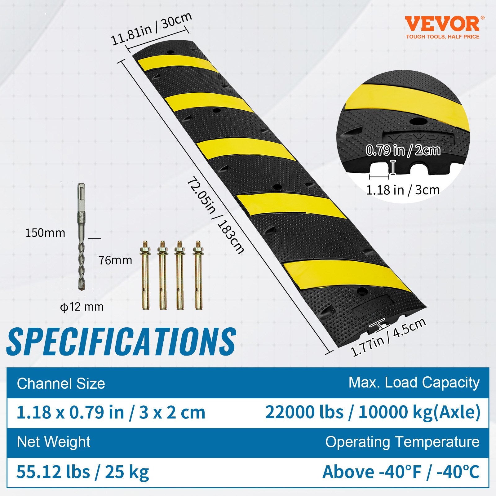 VEVOR 6 ft Rubber Speed Hump, 2 Channel, 10000 kg/axle Load Capacity Heavy Duty Traffic Speed Bump, with High Reflective Yellow Strip 4 Expansion Screws and 1 Drill, for Asphalt Concrete Gravel Roads