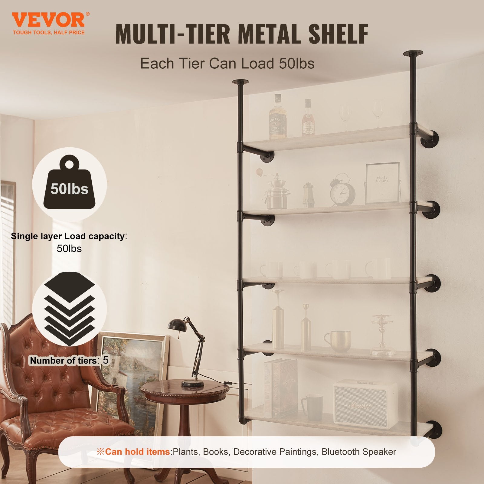 VEVOR Industrial Pipe Shelf, 5 Tier 2PCS, 9.84in Applicable Board Width Wall-Mount Floating Rustic Wood Shelves Bracket Bookshelf,Storage Holder for Kitchen Bedroom Bathroom, Planks NOT Included
