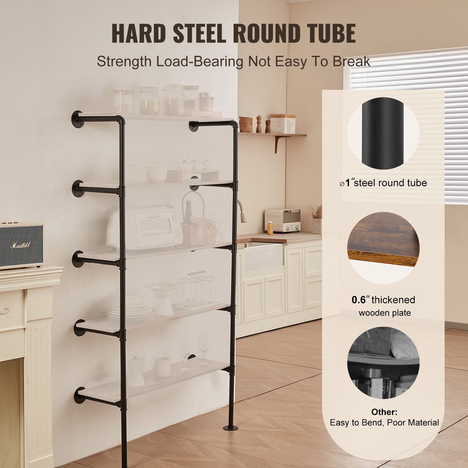 VEVOR Industrial Pipe Shelf, 5 Tier 2PCS, 9.84in Applicable Board Width Wall-Mount Floating Rustic Wood Shelves Bracket Bookshelf,Storage Holder for Kitchen Bedroom Bathroom, Planks NOT Included