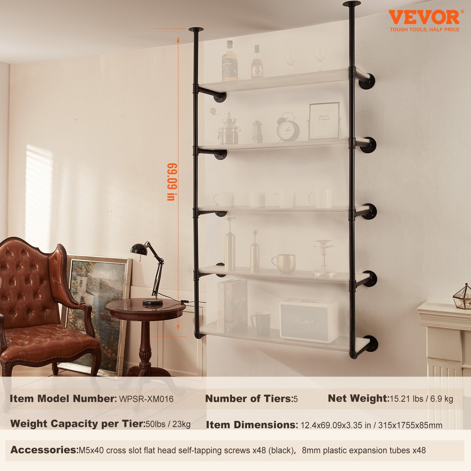 VEVOR Industrial Pipe Shelf, 5 Tier 2PCS, 9.84in Applicable Board Width Wall-Mount Floating Rustic Wood Shelves Bracket Bookshelf,Storage Holder for Kitchen Bedroom Bathroom, Planks NOT Included