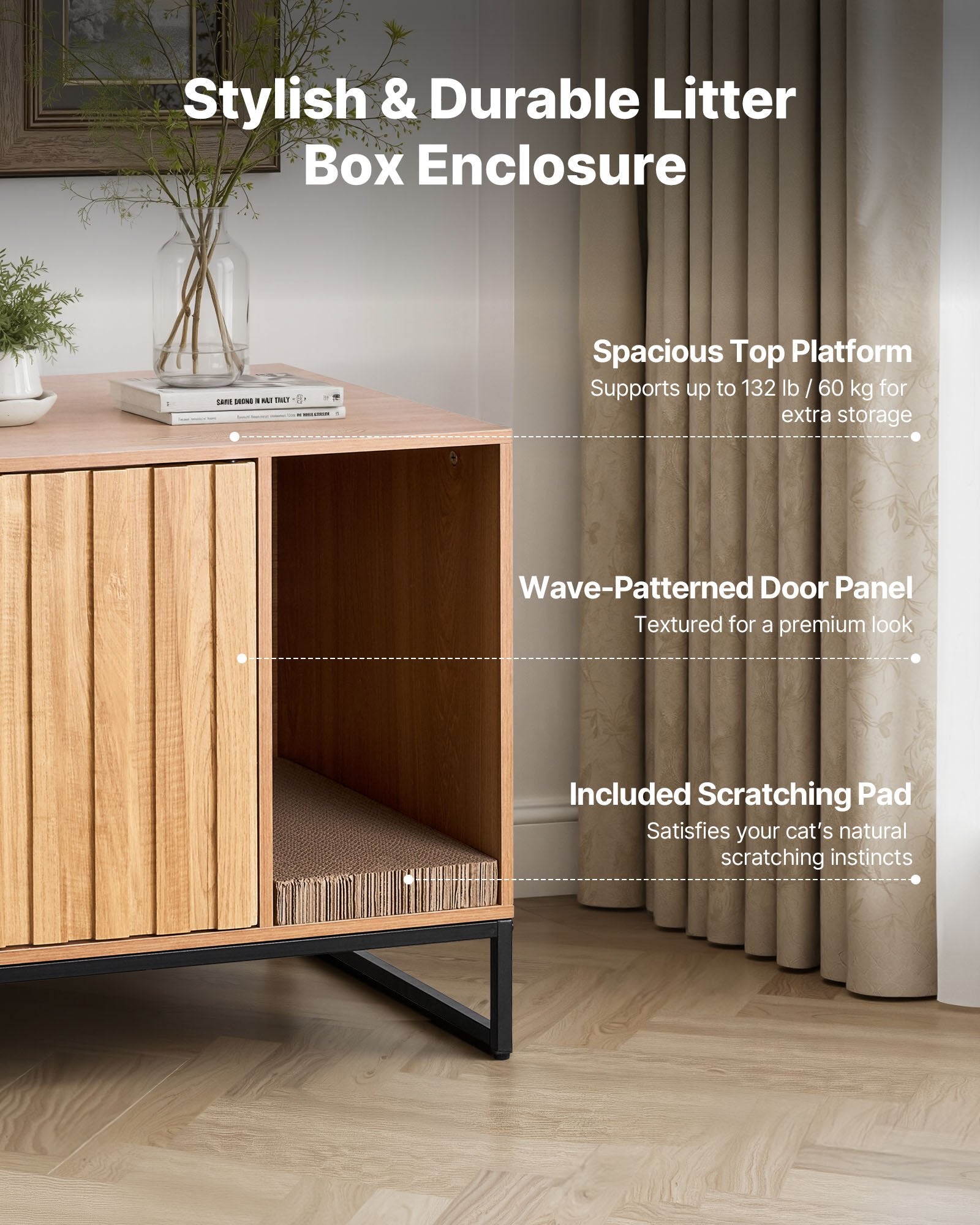 VEVOR Cat Litter Box Enclosure Furniture, 80 cm Hidden Litter Box Cabinet with Scratch Pad & Storage, Waterproof Cat Washroom End Table Cat House, Fit Most of Litterbox, for Bedroom Living Room