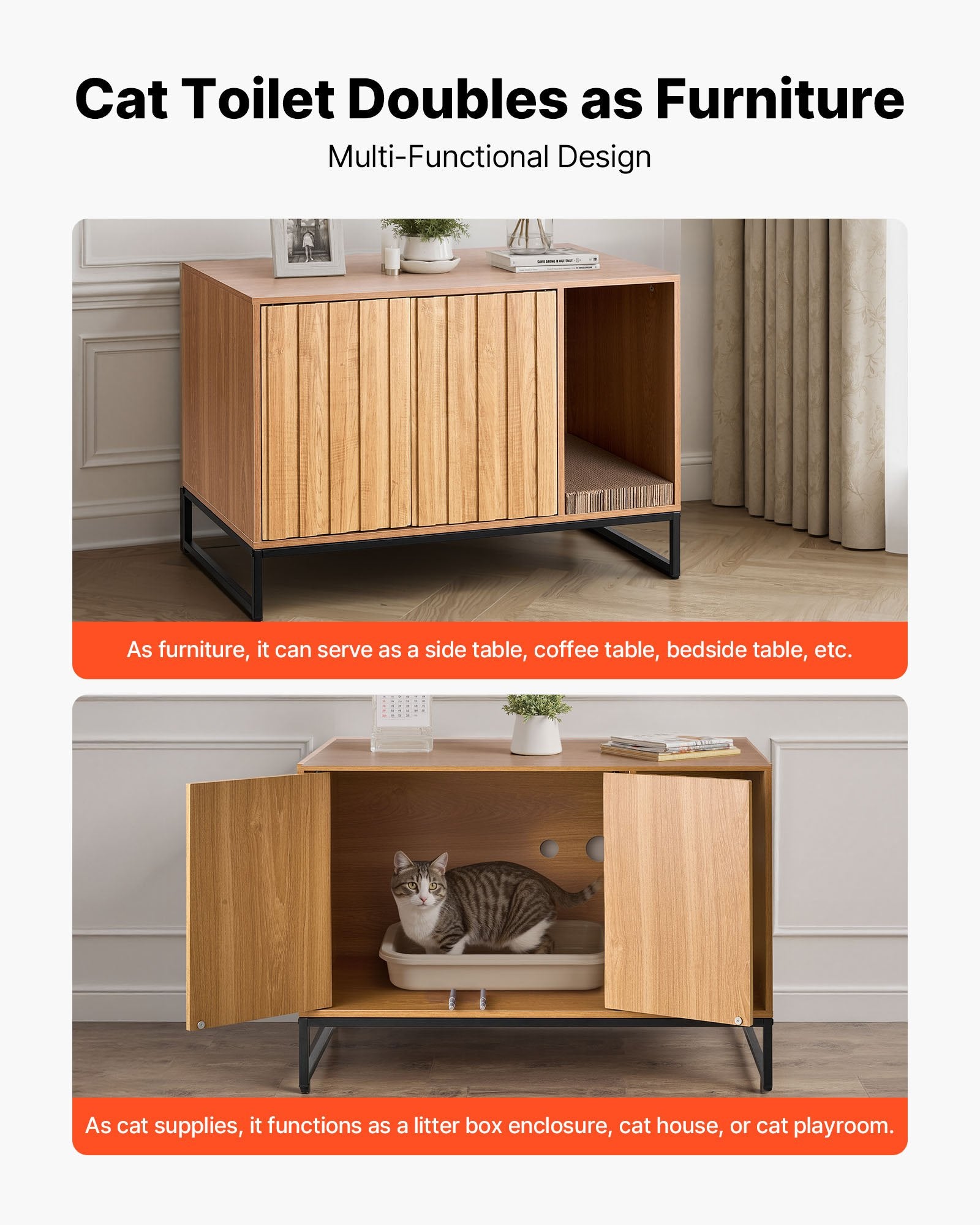 VEVOR Cat Litter Box Enclosure Furniture, 80 cm Hidden Litter Box Cabinet with Scratch Pad & Storage, Waterproof Cat Washroom End Table Cat House, Fit Most of Litterbox, for Bedroom Living Room