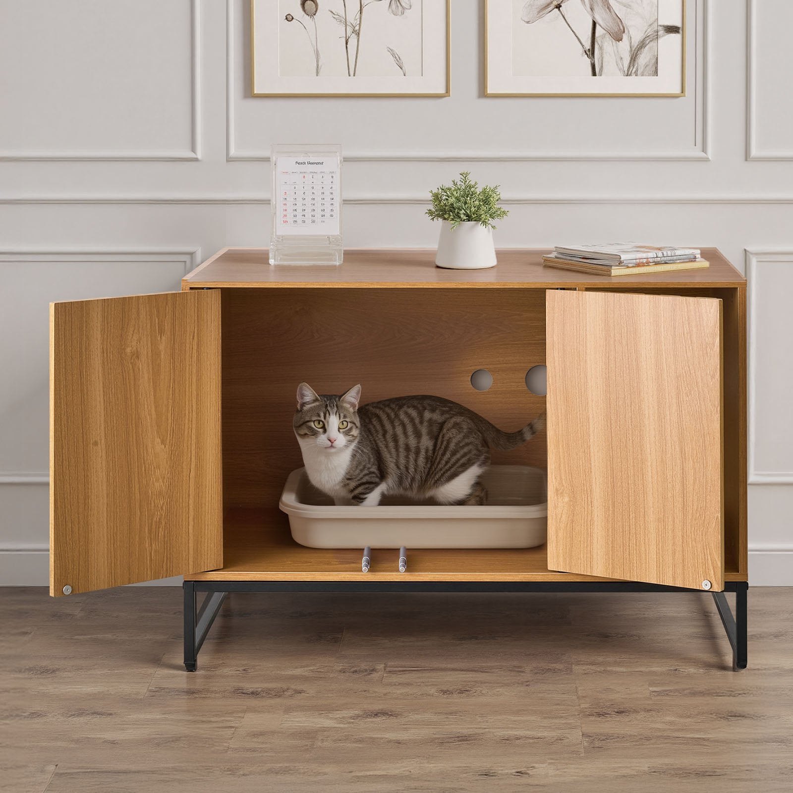 VEVOR Cat Litter Box Enclosure Furniture, 80 cm Hidden Litter Box Cabinet with Scratch Pad & Storage, Waterproof Cat Washroom End Table Cat House, Fit Most of Litterbox, for Bedroom Living Room