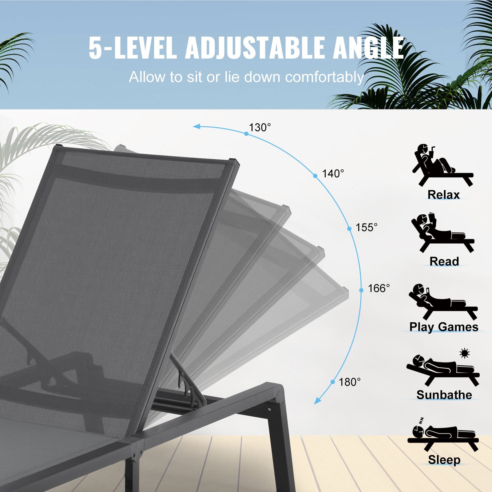 VEVOR Chaise Lounge Chair Outdoor, Aluminum Patio Lounge Chair with Adjustable 5-Position, Folding Pool Lounge Chair Recliner and Full Flat Tanning Chair for Patio, Beach, Pool, Dark Grey