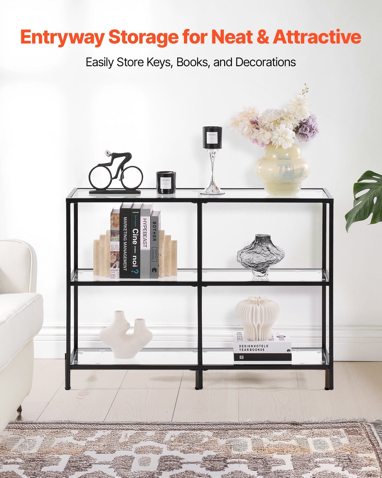 VEVOR 3-Tier Glass Console Table, Modern Rectangle Sofa Side Table with Tempered Glass Top and Iron Legs, Golden Consloe Desk with Anti-Tip Device for Living Room, Hallway, Entryway, Foyer, Black