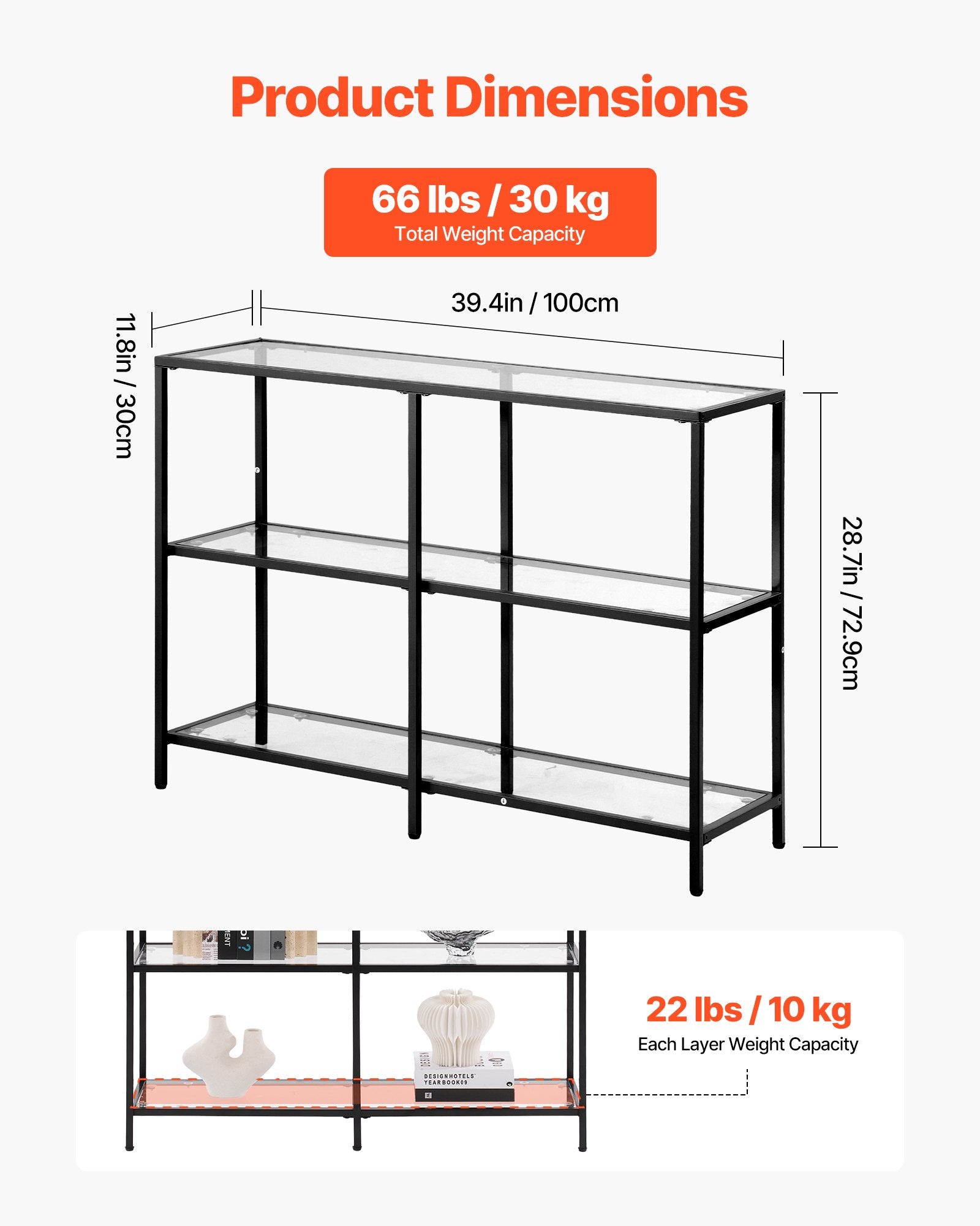 VEVOR 3-Tier Glass Console Table, Modern Rectangle Sofa Side Table with Tempered Glass Top and Iron Legs, Golden Consloe Desk with Anti-Tip Device for Living Room, Hallway, Entryway, Foyer, Black
