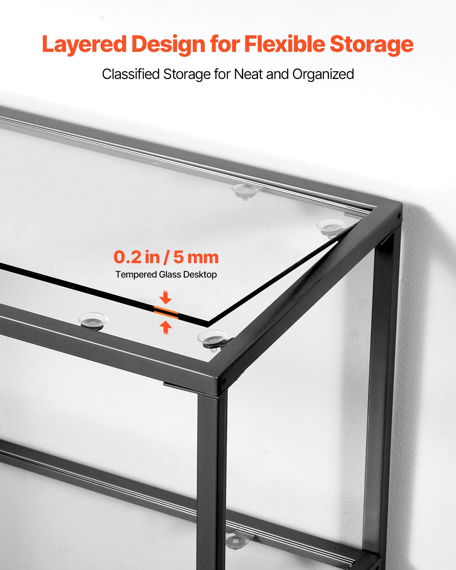 VEVOR 3-Tier Glass Console Table, Modern Rectangle Sofa Side Table with Tempered Glass Top and Iron Legs, Golden Consloe Desk with Anti-Tip Device for Living Room, Hallway, Entryway, Foyer, Black