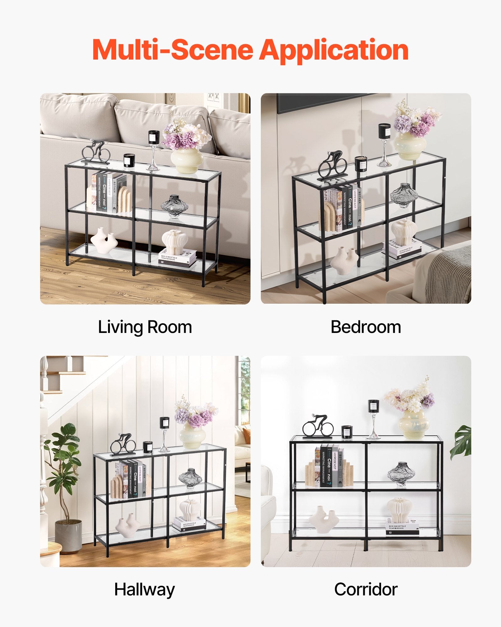 VEVOR 3-Tier Glass Console Table, Modern Rectangle Sofa Side Table with Tempered Glass Top and Iron Legs, Golden Consloe Desk with Anti-Tip Device for Living Room, Hallway, Entryway, Foyer, Black