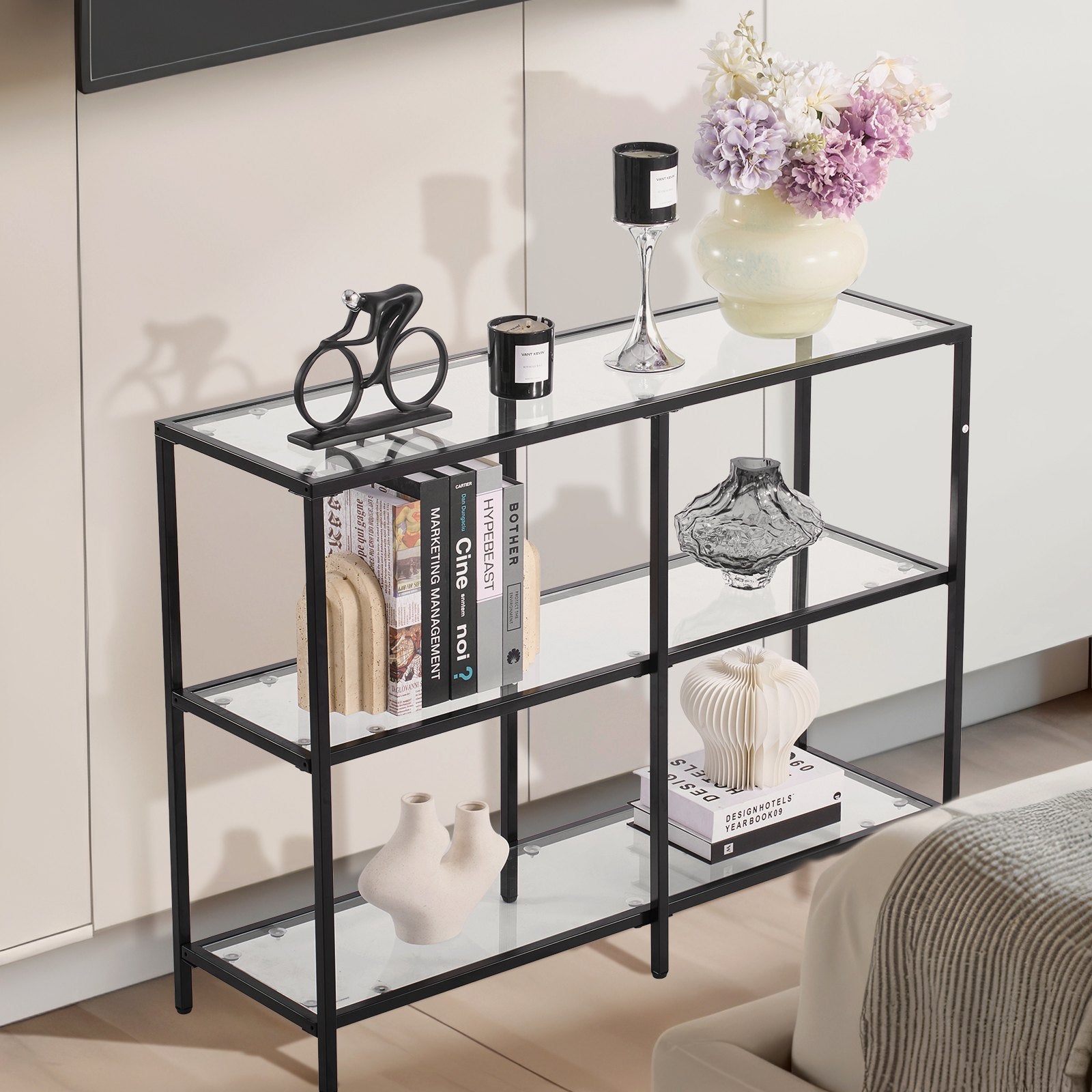 VEVOR 3-Tier Glass Console Table, Modern Rectangle Sofa Side Table with Tempered Glass Top and Iron Legs, Golden Consloe Desk with Anti-Tip Device for Living Room, Hallway, Entryway, Foyer, Black