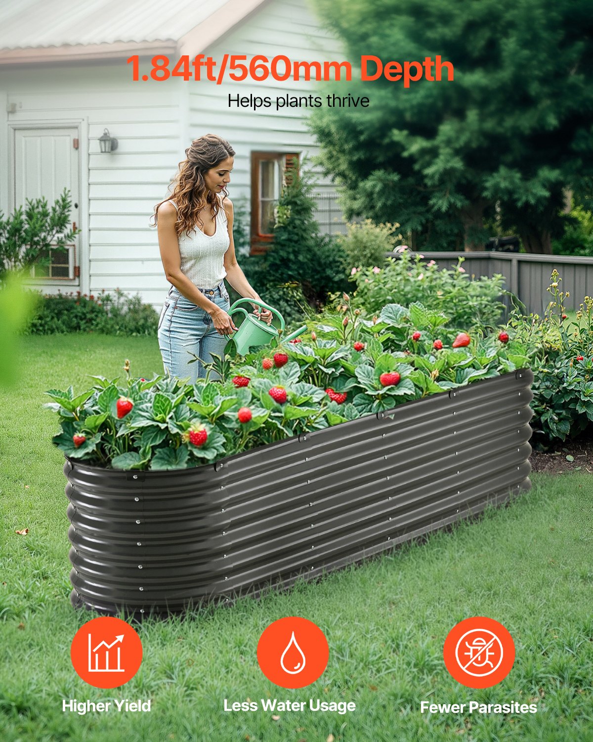 VEVOR Metal Raised Garden Bed, 8 x 2 x 2 ft Outdoor Galvanized Planter Box, with Open Bottom, Large Oval Planter Raised Bed for Gardening Vegetables, Flowers, Herbs, and Succulent Plants, Dark Gray