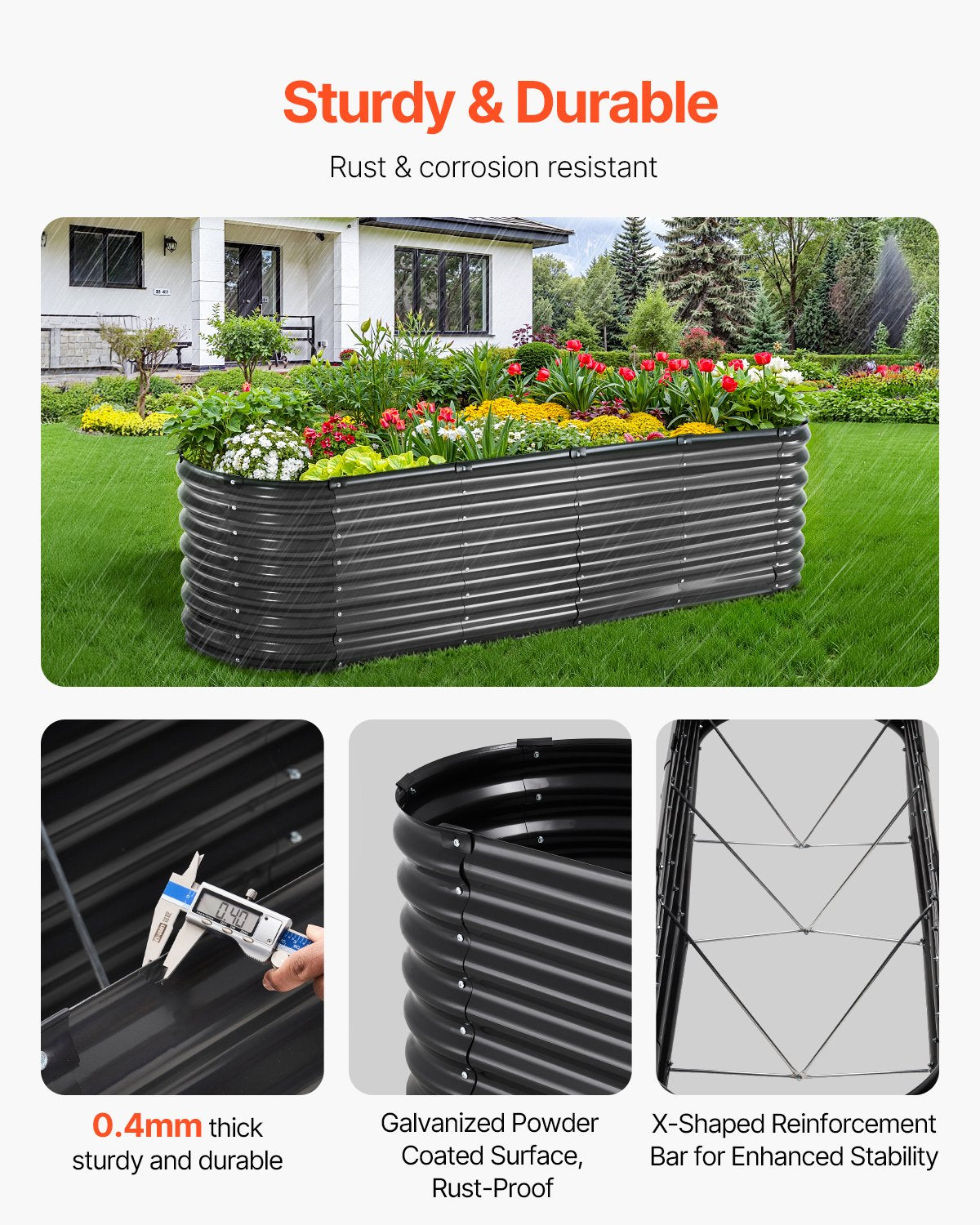 VEVOR Metal Raised Garden Bed, 8 x 2 x 2 ft Outdoor Galvanized Planter Box, with Open Bottom, Large Oval Planter Raised Bed for Gardening Vegetables, Flowers, Herbs, and Succulent Plants, Dark Gray