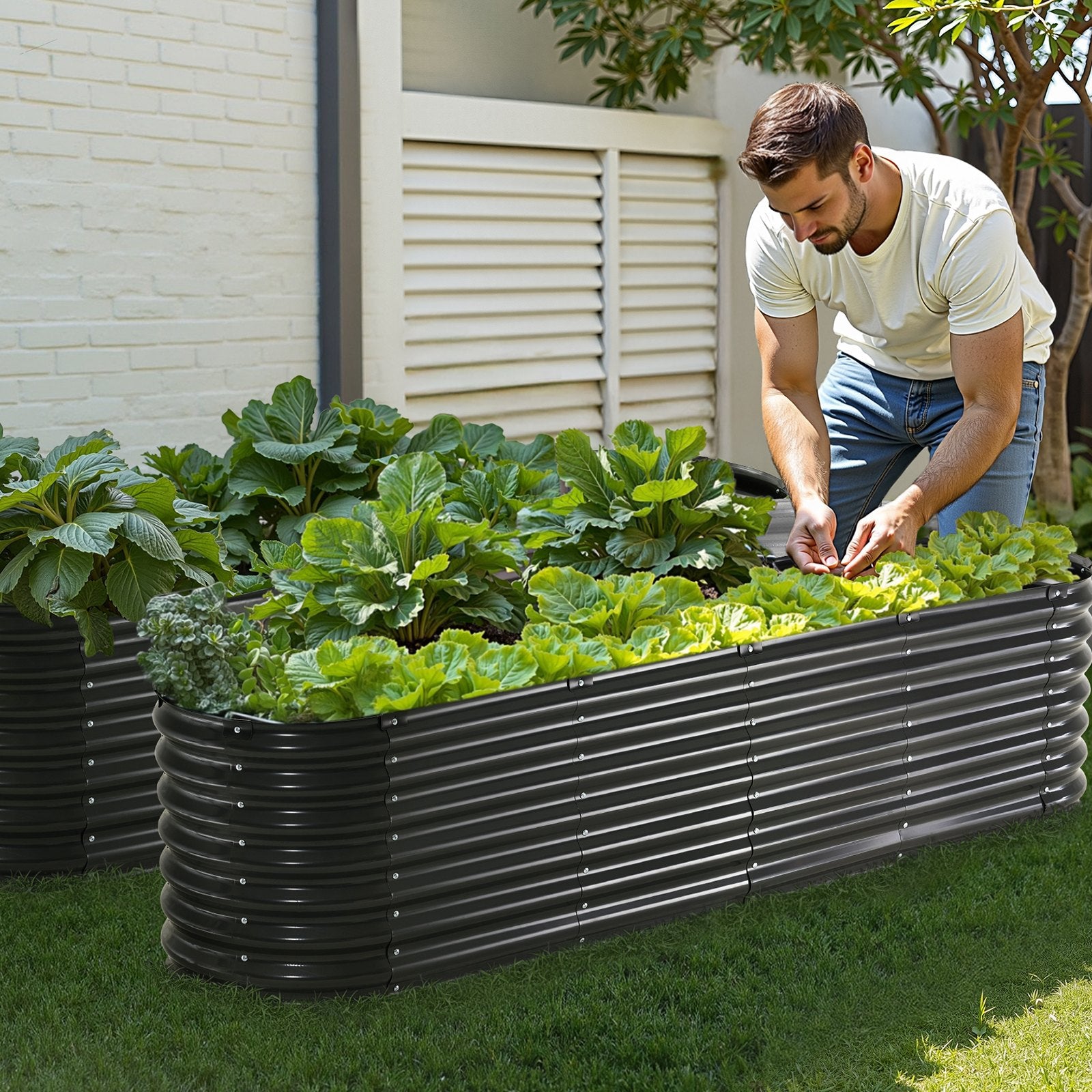 VEVOR Metal Raised Garden Bed, 8 x 2 x 2 ft Outdoor Galvanized Planter Box, with Open Bottom, Large Oval Planter Raised Bed for Gardening Vegetables, Flowers, Herbs, and Succulent Plants, Dark Gray