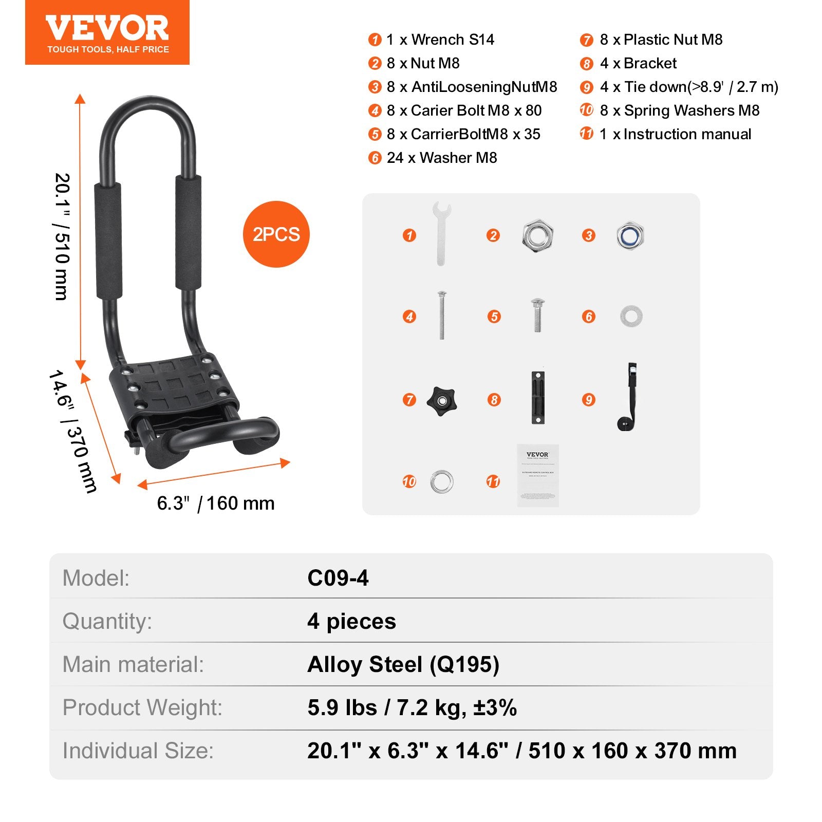 VEVOR Kayak Roof Rack 2 Pairs J-Bar, Soft Roof Rack, Top Mount Tie Down, Carrier for kayak, Surf Board, Canoe, SUP, Ski Board, Mount on Car, SUV, Truck, 2 Kayaks