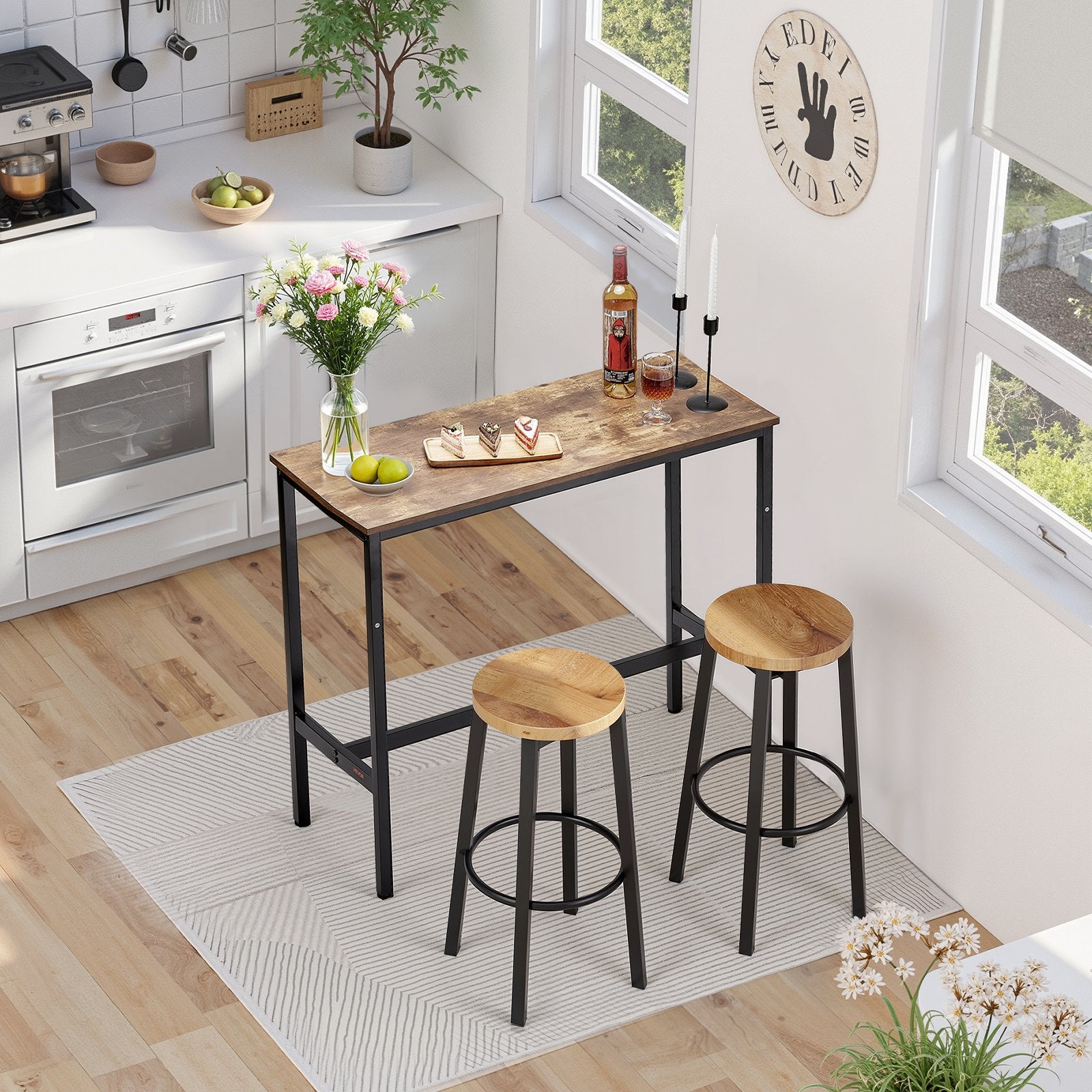 VEVOR Bar Table, Sturdy Metal Frame High Top Pub Table, Narrow Long Kitchen Dining, Cocktail Counter Bar Height Desk, Easy to Assemble,39x16x35.5 in, for Living Room Party, Rustic Brown and Black