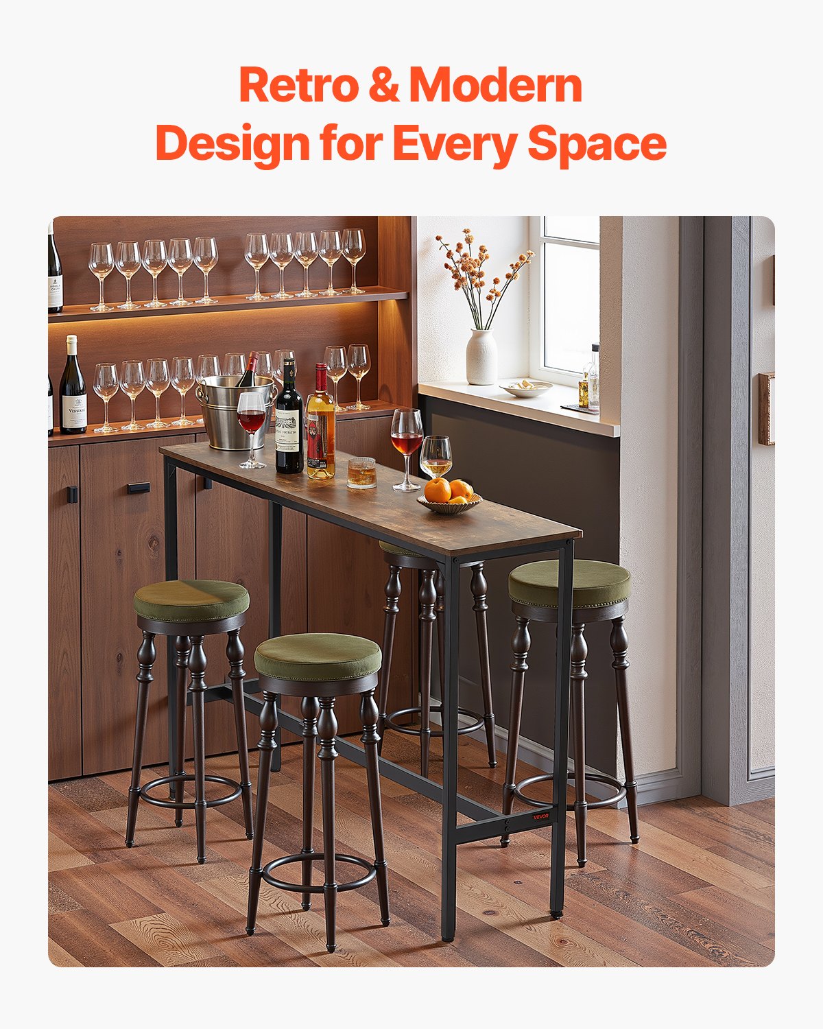 VEVOR Bar Table, Sturdy Metal Frame High Top Pub Table, Narrow Long Kitchen Dining, Cocktail Counter Bar Height Desk, Easy to Assemble, 55x15x39 in, for Living Room Party, Rustic Brown and Black