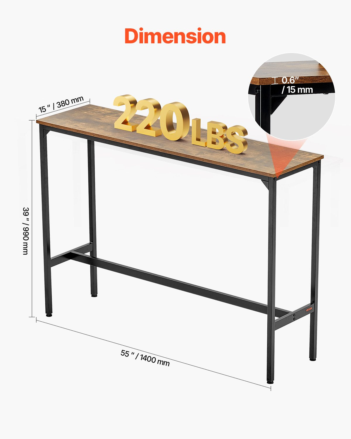 VEVOR Bar Table, Sturdy Metal Frame High Top Pub Table, Narrow Long Kitchen Dining, Cocktail Counter Bar Height Desk, Easy to Assemble, 55x15x39 in, for Living Room Party, Rustic Brown and Black