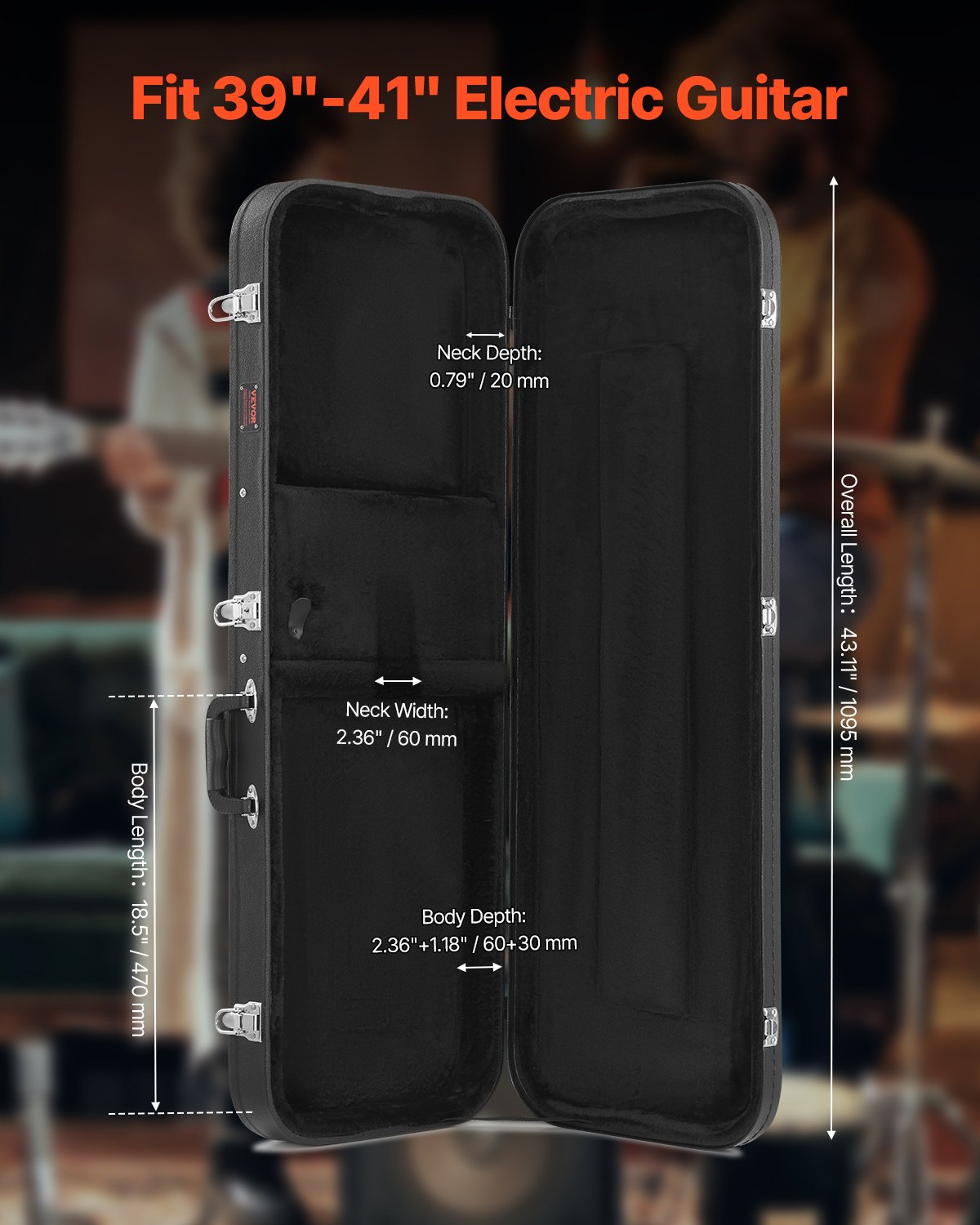VEVOR Electric Guitar Hard Case, 1095 mm Rectangular Guitar Hard Case, With Lock Latch Keys Handle, PVC Padding Soft Lining Water-Resistant Hard Shell Guitar Cases, for 990 mm Electric Guitars, Black