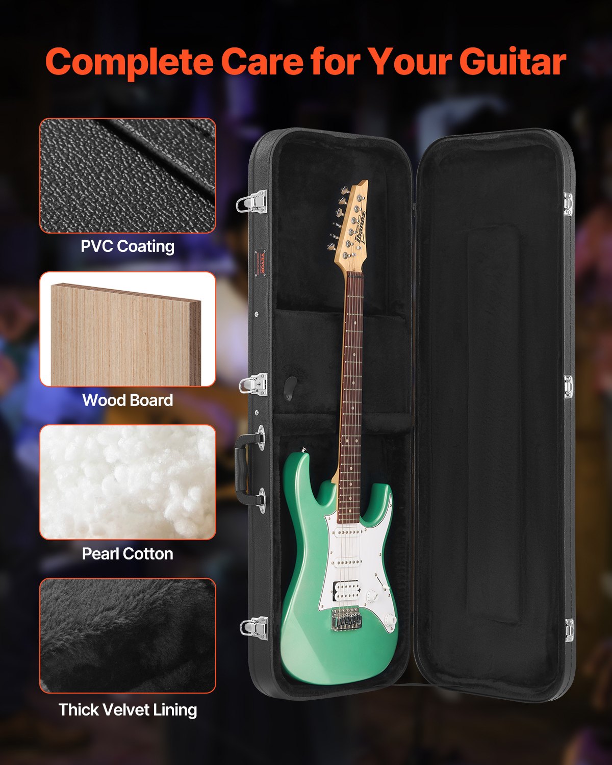 VEVOR Electric Guitar Hard Case, 1095 mm Rectangular Guitar Hard Case, With Lock Latch Keys Handle, PVC Padding Soft Lining Water-Resistant Hard Shell Guitar Cases, for 990 mm Electric Guitars, Black
