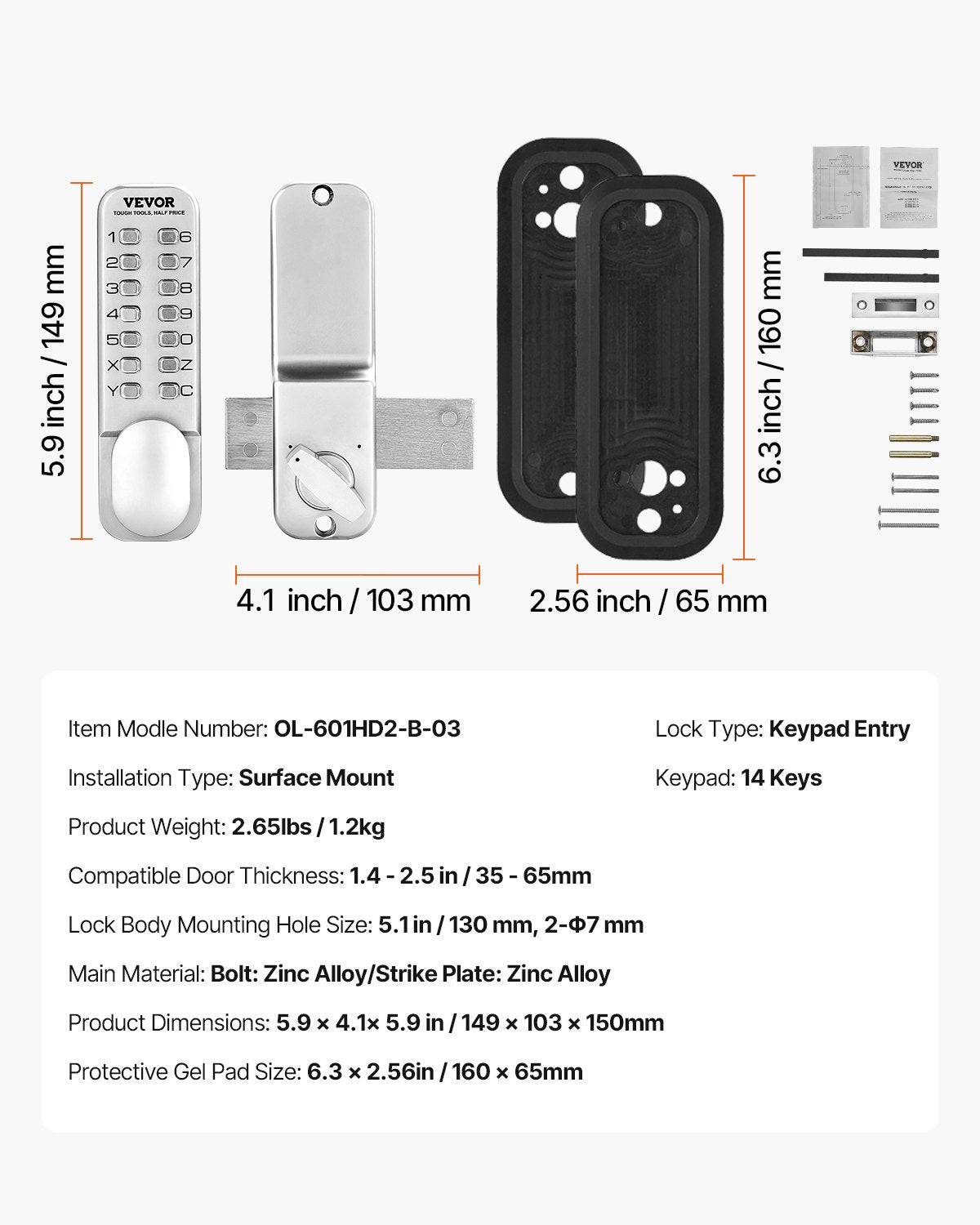 VEVOR Mechanical Keyless Entry Door Lock, 14 Key Mechanical Door Lock, Mechanical Keypad Door Lock with Adjustable Thumb Knob, Single-Side Zinc Alloy Waterproof Keyless Gate Lock, for Home Office