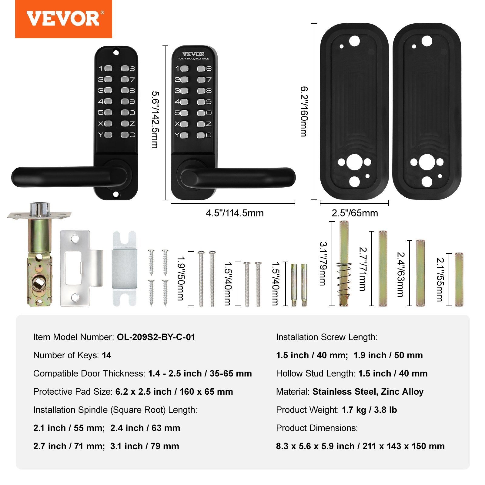 VEVOR Mechanical Keyless Entry Door Lock, 14 Digit Keypad, Water-proof Zinc Alloy, Double-sided Embedded Outdoor Gate Door Locks Set with Keypad and Handle, Easy to Install, for Garden, Garage, Yard