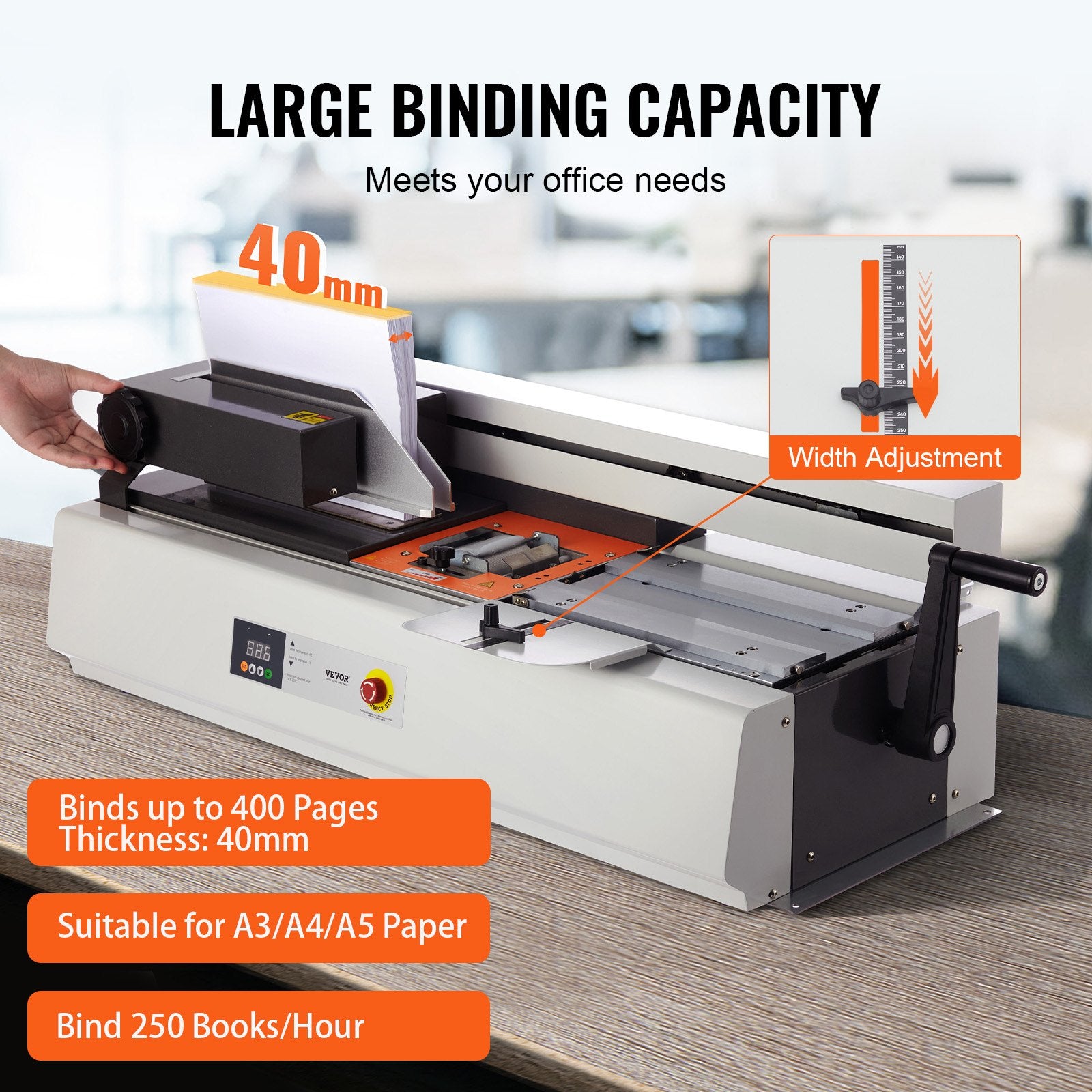 VEVOR Thermal Binding Machine, 400 Sheets Capacity Hot Glue Binding Machine, Thermal Book Binder 40mm Binding Thickness A3 Short Edge /A4/A5 Document