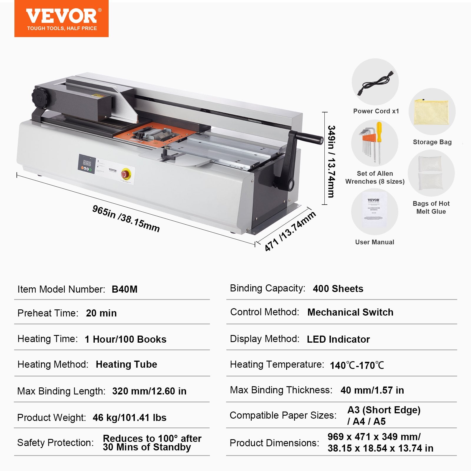 VEVOR Thermal Binding Machine, 400 Sheets Capacity Hot Glue Binding Machine, Thermal Book Binder 40mm Binding Thickness A3 Short Edge /A4/A5 Document