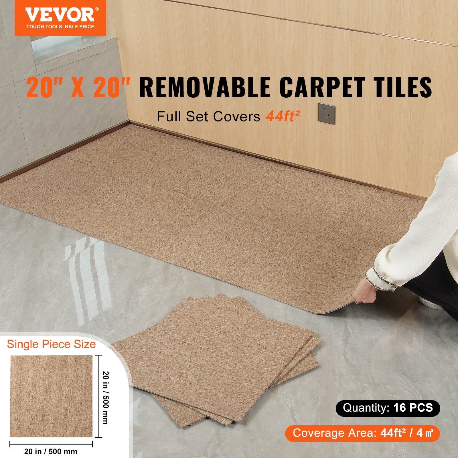 VEVOR Carpet Tiles Reusable, 20"x 20" Carpet Squares With Padding Attached, Soft Padded Carpet Tiles, Easy Install DIY for Bedroom Living Room Indoor Outdoor 16 Tiles, Dark Brown