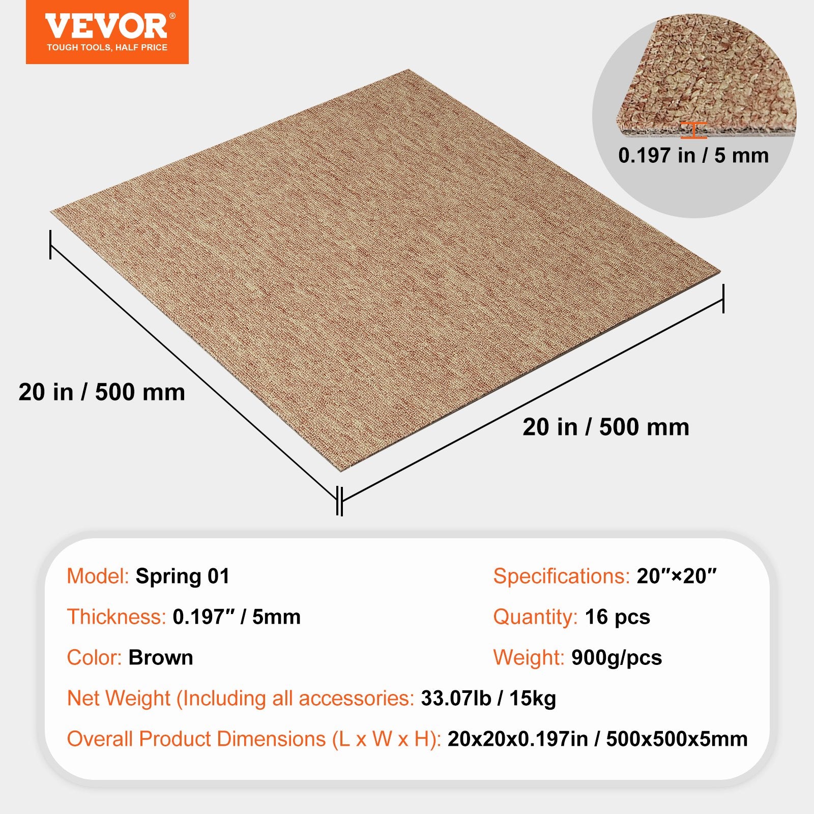 VEVOR Carpet Tiles Reusable, 20"x 20" Carpet Squares With Padding Attached, Soft Padded Carpet Tiles, Easy Install DIY for Bedroom Living Room Indoor Outdoor 16 Tiles, Dark Brown