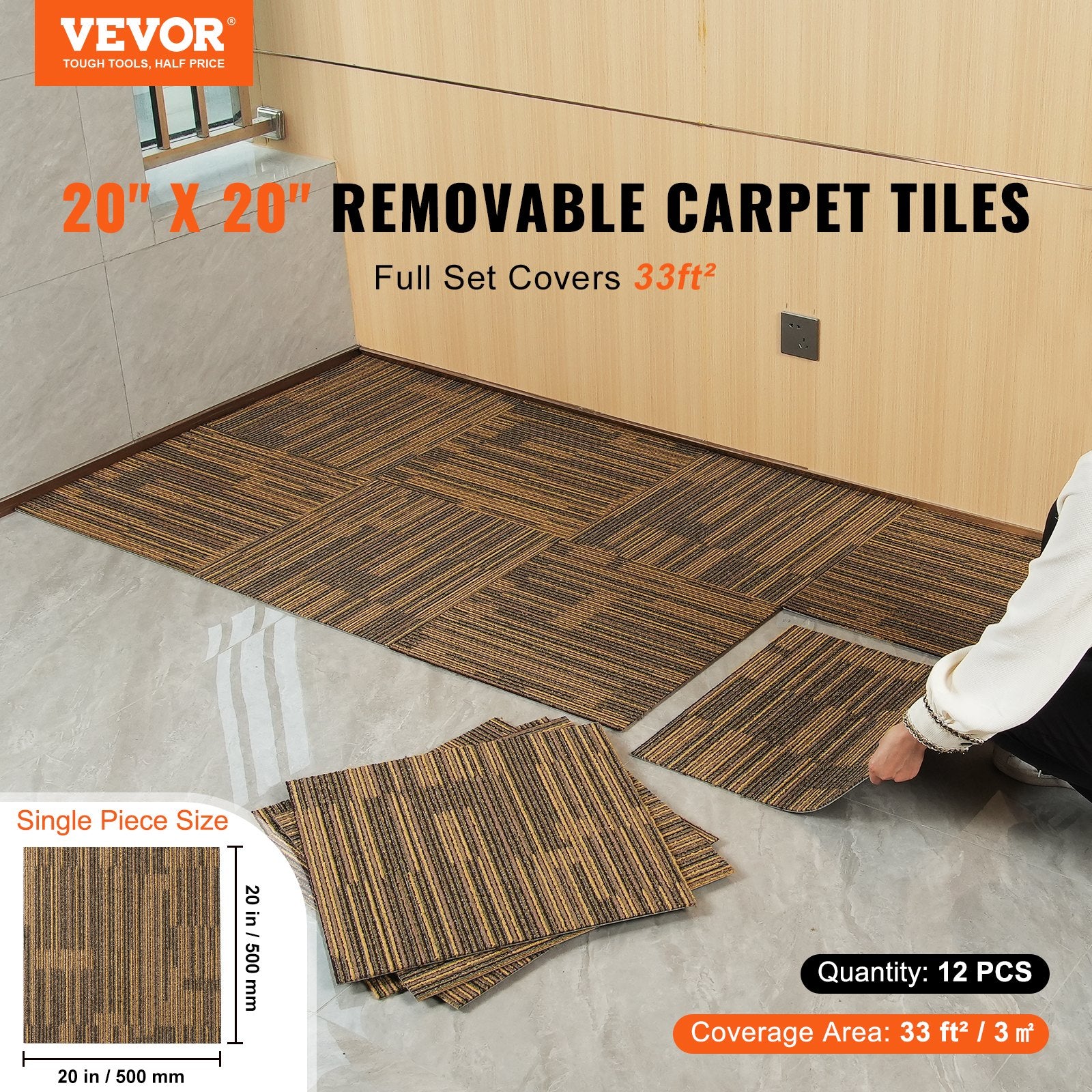 VEVOR Carpet Tiles Reusable, 20"x 20"Carpet Squares With Padding Attached, Soft Padded Carpet Tiles, Easy Install DIY for Bedroom Living Room 12Tiles, Mixed Brown